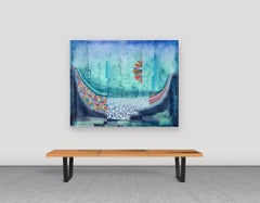 Vista más clara - Paisaje abstracto con motivo arco iris azul celeste teal menta, 2023