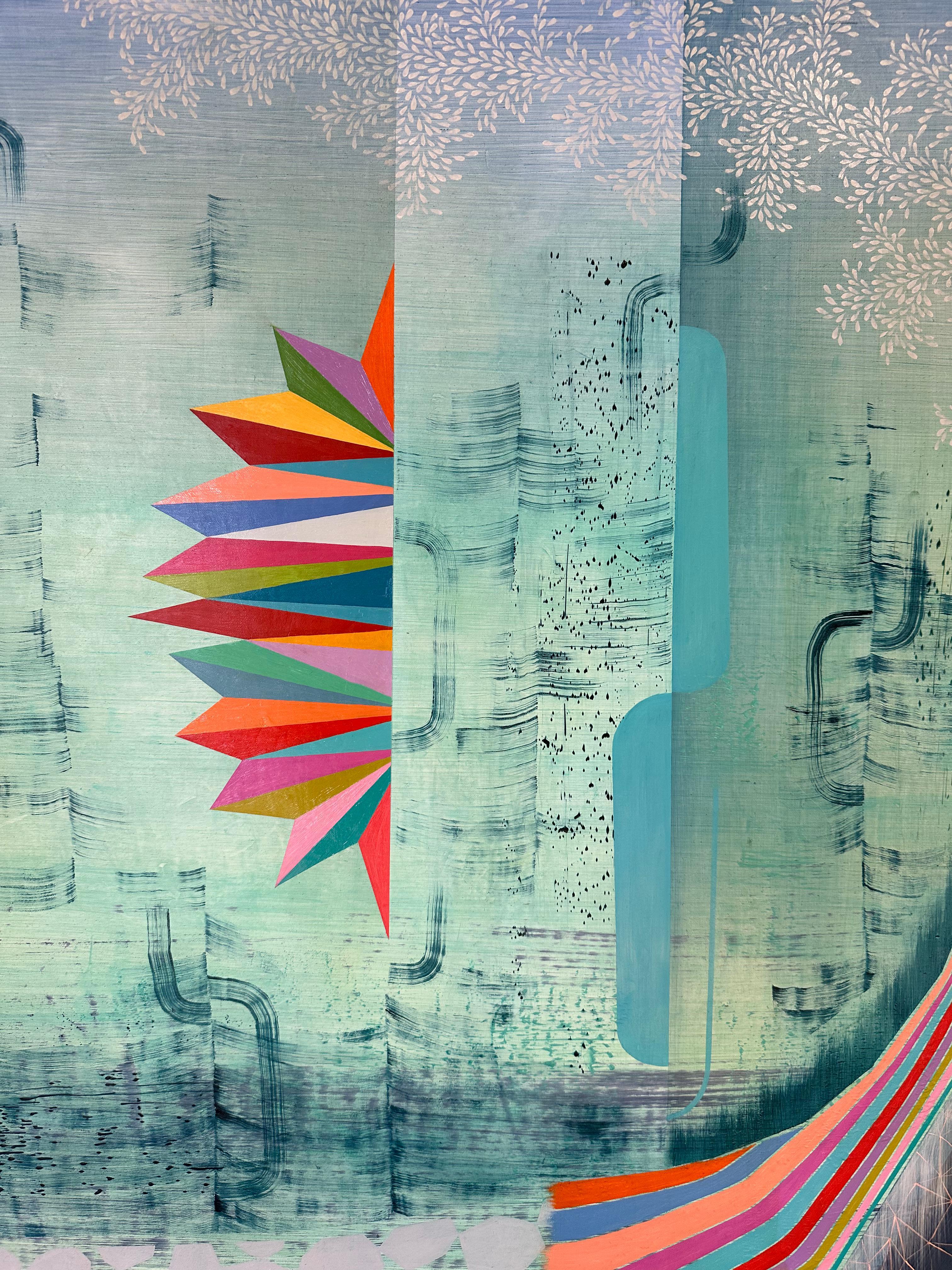 In this contemporary abstract painting in oil on linen mounted on panel, carefully ordered patterns, geometric shapes and lines in vibrant prismatic shades of red, yellow, bright green, orange and teal against a soft, atmospheric light lemon green
