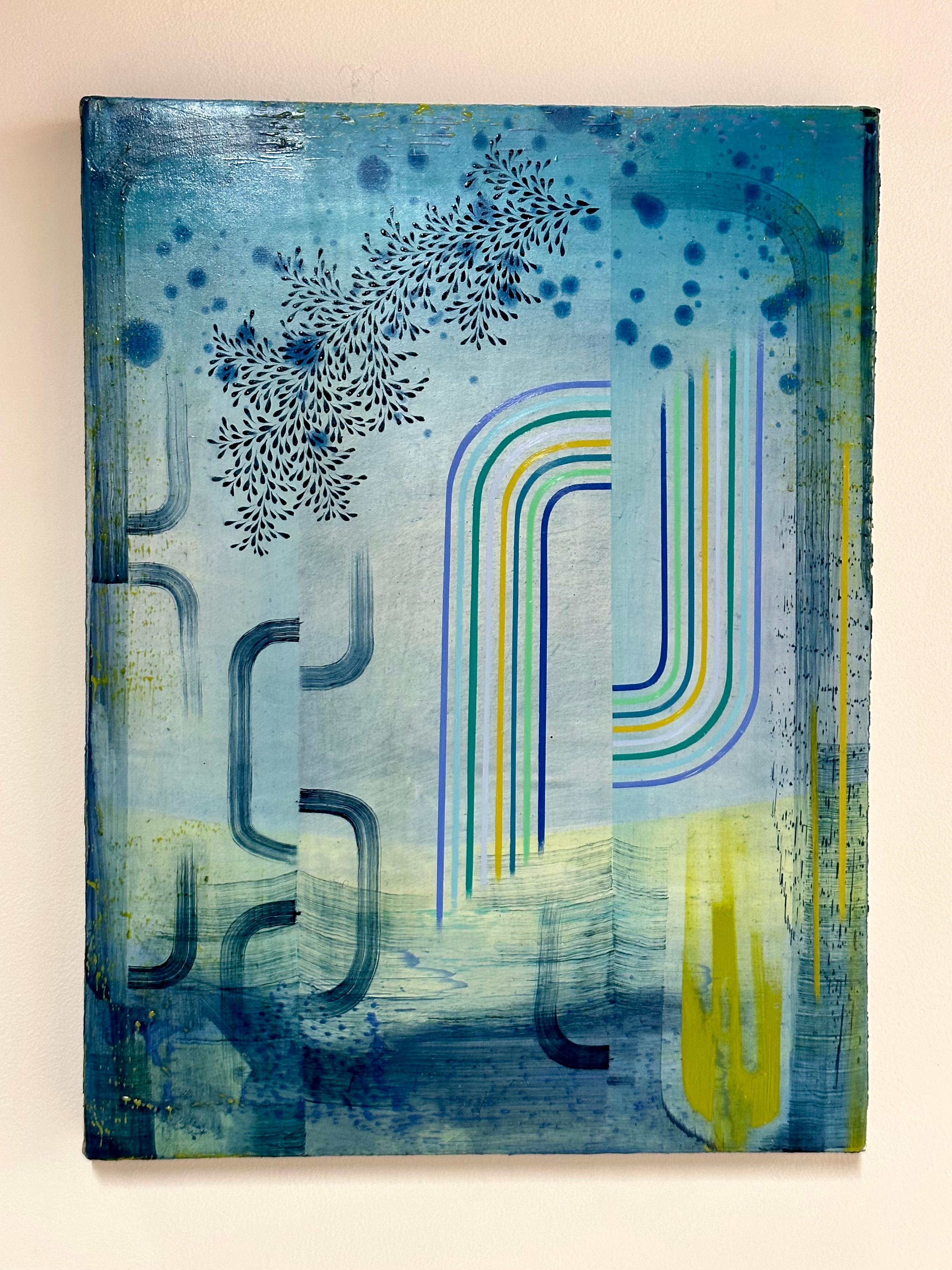 Double Happiness - Blue Lime Green Teal Abstract Patterns Leaves Stripes, 2023 – Painting von Gabe Brown