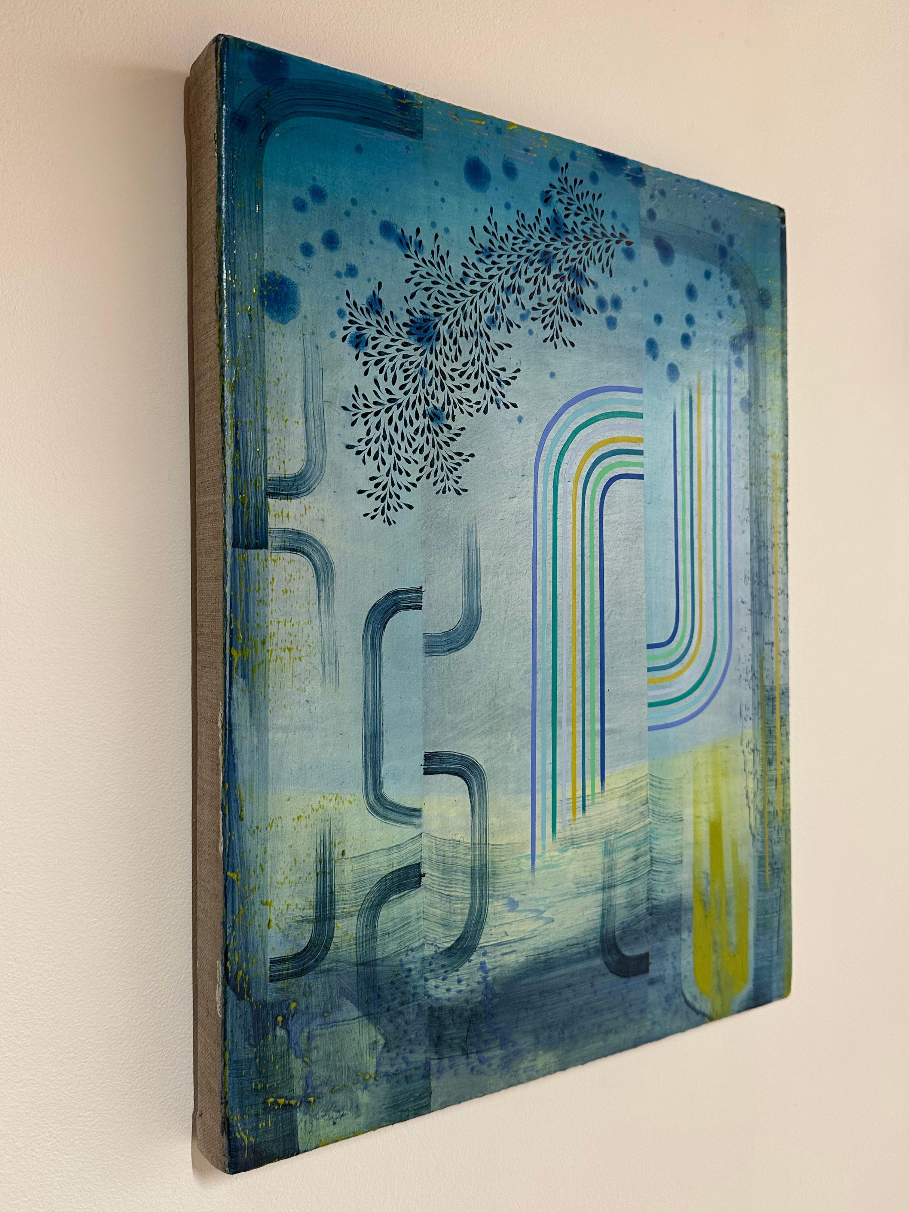 Double Happiness - Blue Lime Green Teal Abstract Patterns Leaves Stripes, 2023 (Zeitgenössisch), Painting, von Gabe Brown
