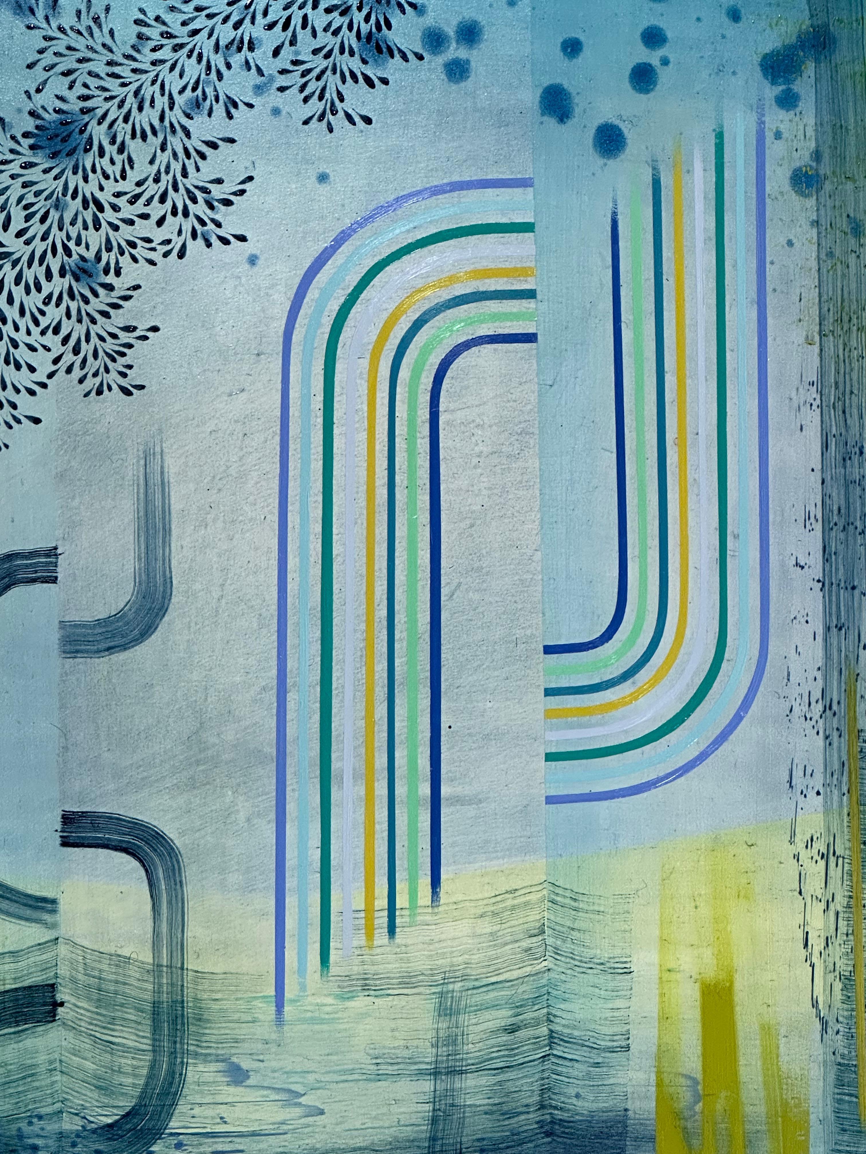 Double Happiness - Blue Lime Green Teal Abstract Patterns Leaves Stripes, 2023 (Blau), Abstract Painting, von Gabe Brown