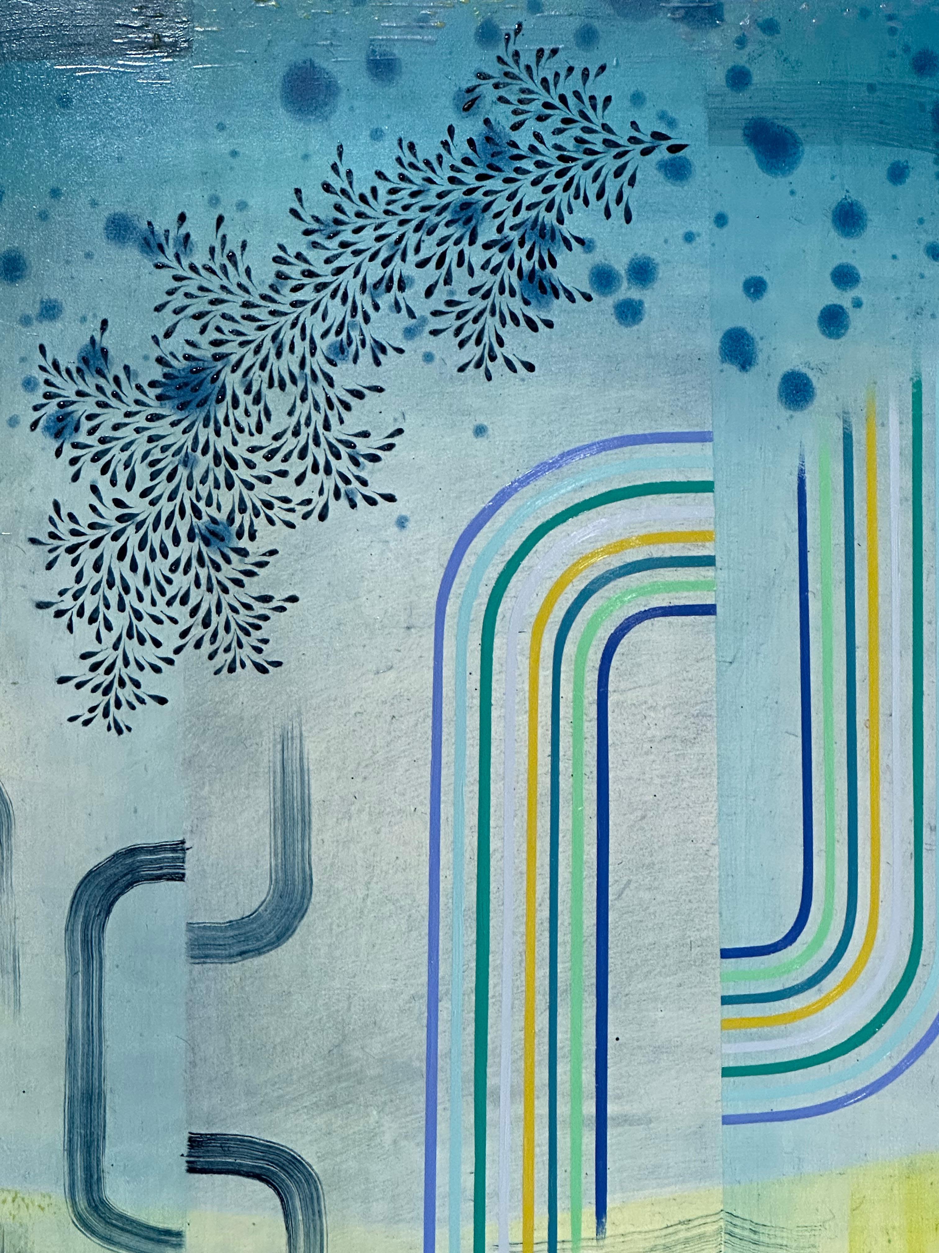 Contemporary abstract painting in oil on linen mounted on panel with carefully ordered patterns, geometric shapes and delicate lines in blue, lime green and indigo on a luminous blue, teal and green background. Signed, dated and titled on
