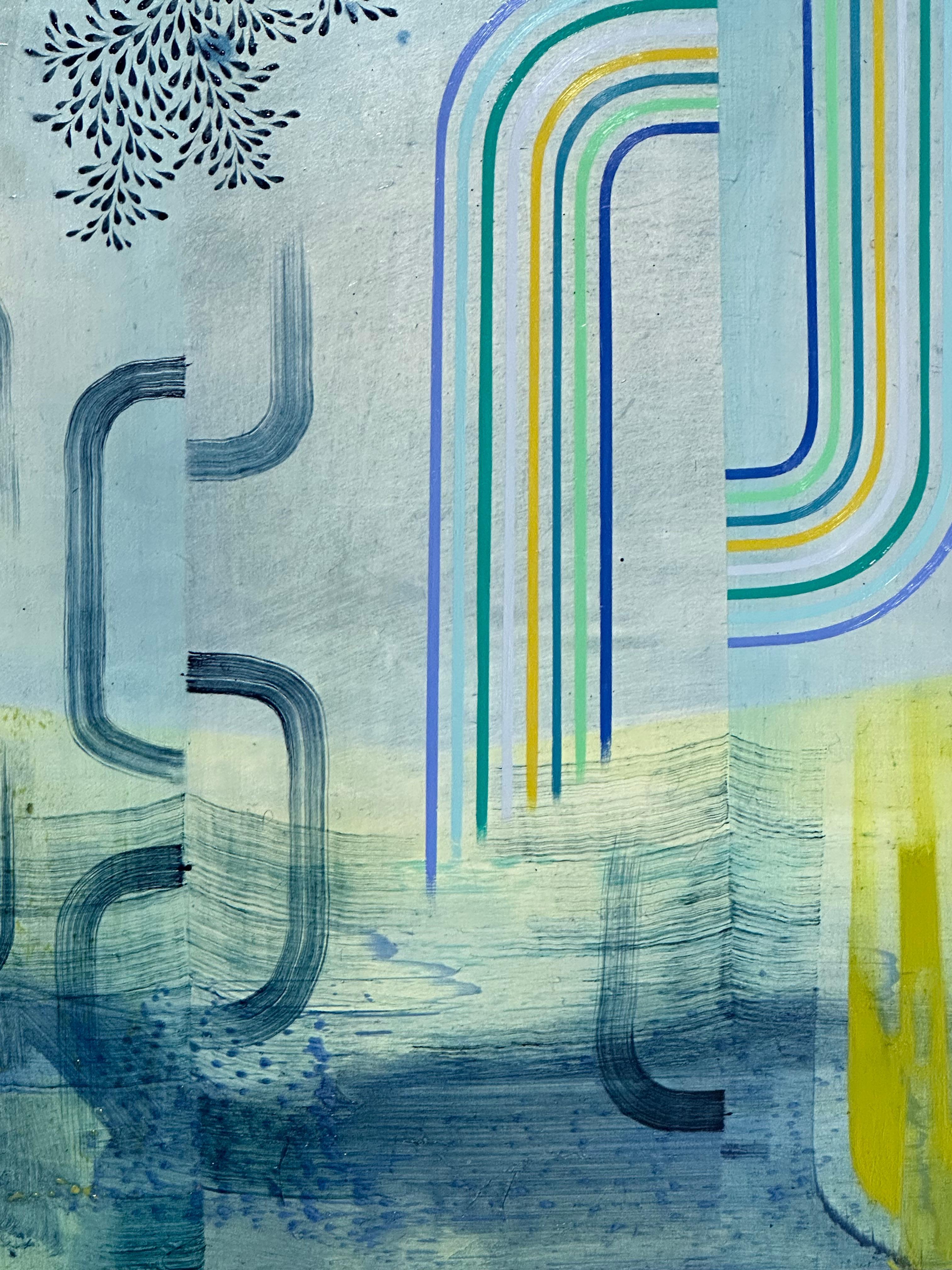 Double Happiness - Blue Lime Green Teal Abstract Patterns Leaves Stripes, 2023 im Angebot 1