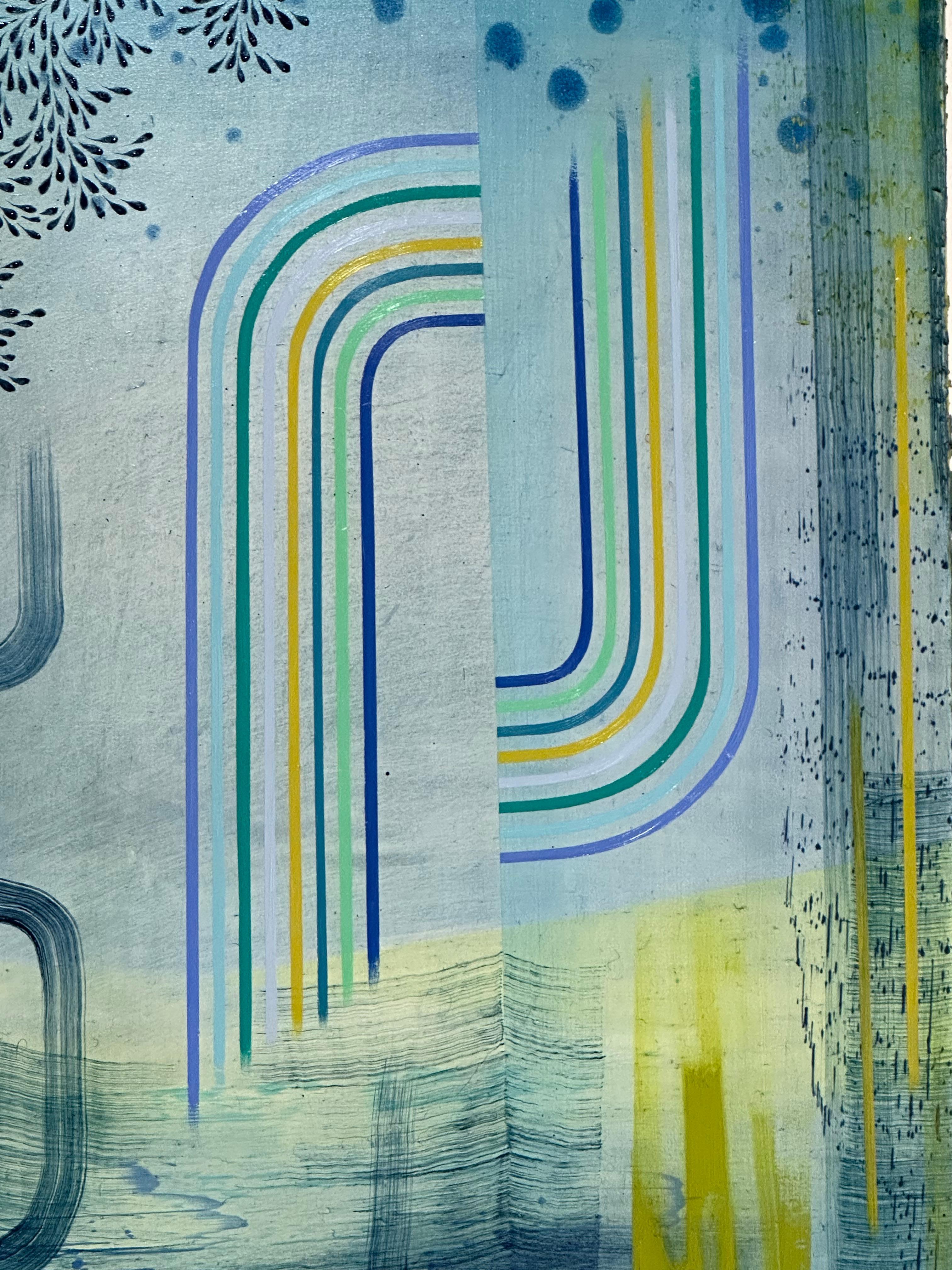 Double Happiness - Blue Lime Green Teal Abstract Patterns Leaves Stripes, 2023 im Angebot 2
