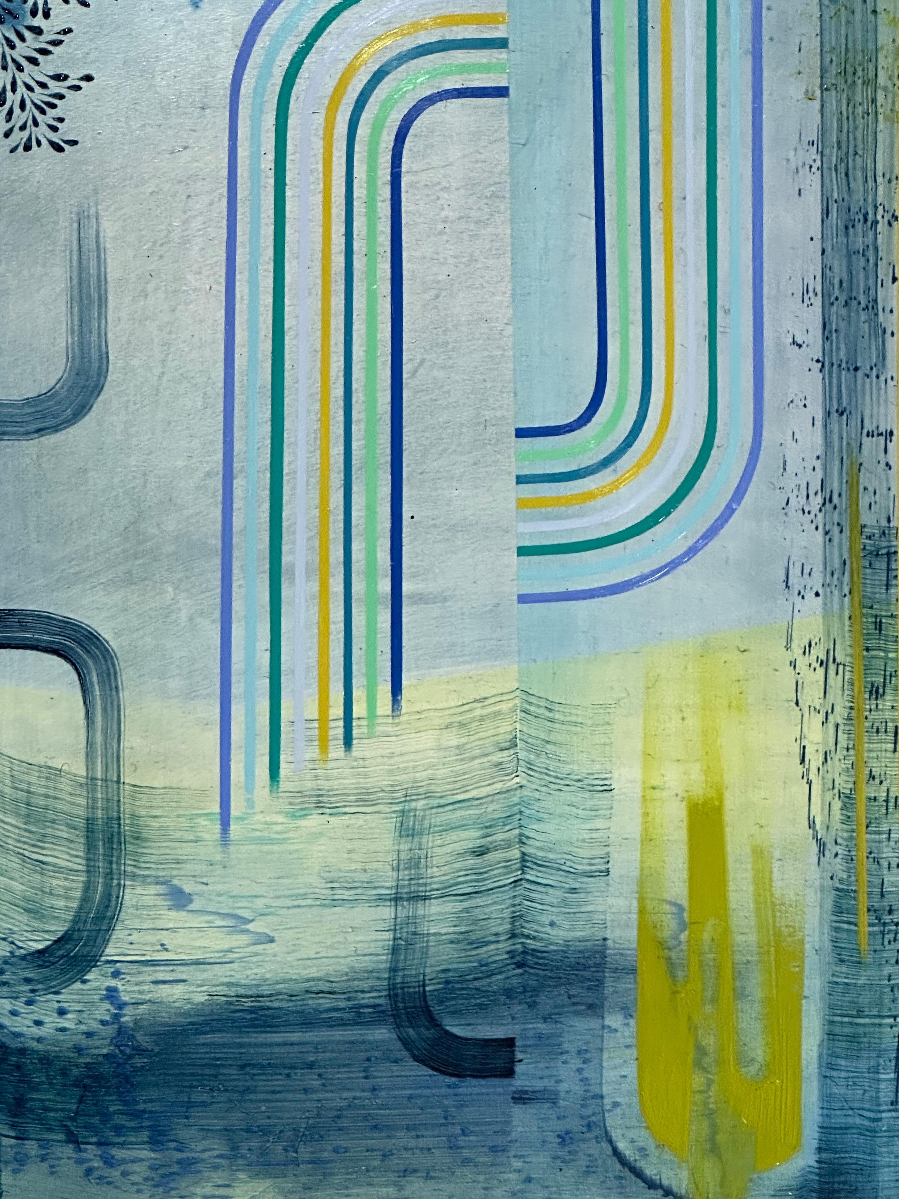 Double Happiness - Blue Lime Green Teal Abstract Patterns Leaves Stripes, 2023 im Angebot 3