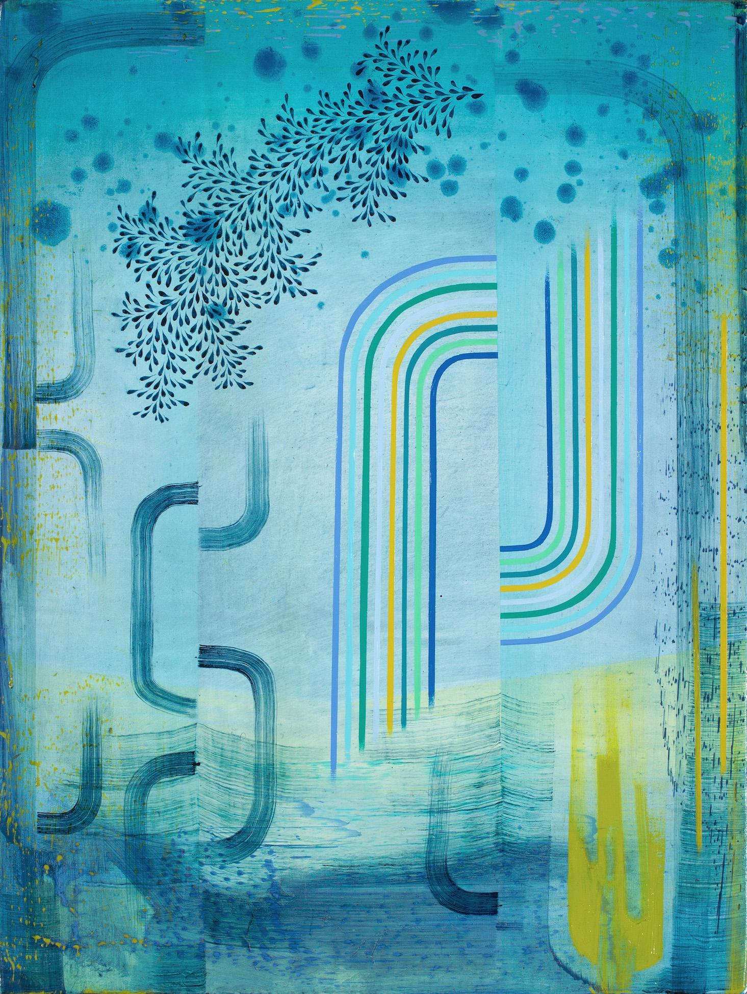 Gabe Brown Abstract Painting – Double Happiness - Blue Lime Green Teal Abstract Patterns Leaves Stripes, 2023