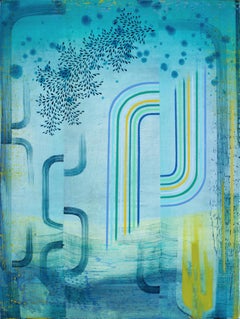 Double Happiness - Blue Lime Green Teal Abstract Patterns Leaves Stripes, 2023