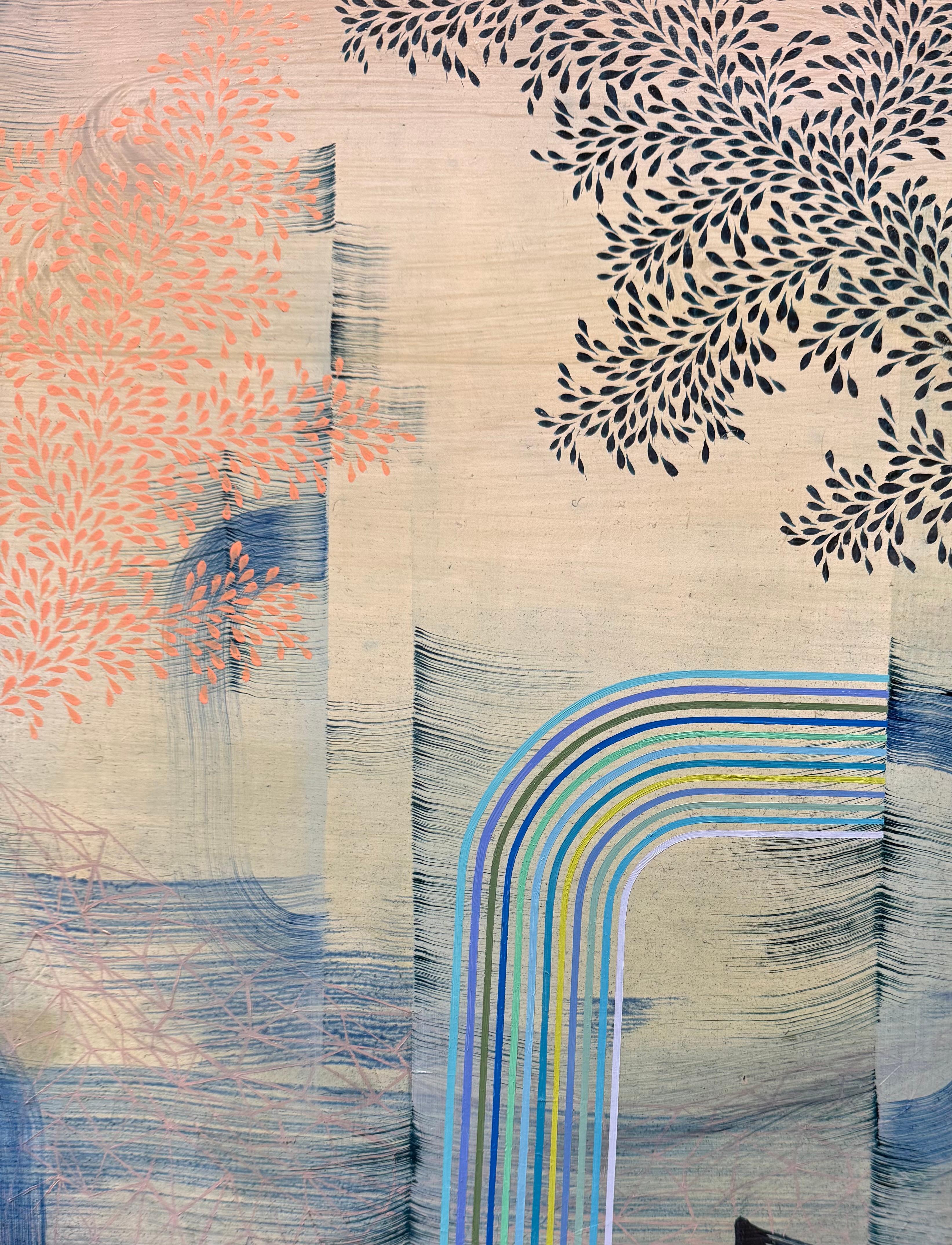 Far from Shore - Contemporary Abstract Pattern Stripes Leaves Blue Peach, 2023 im Angebot 5