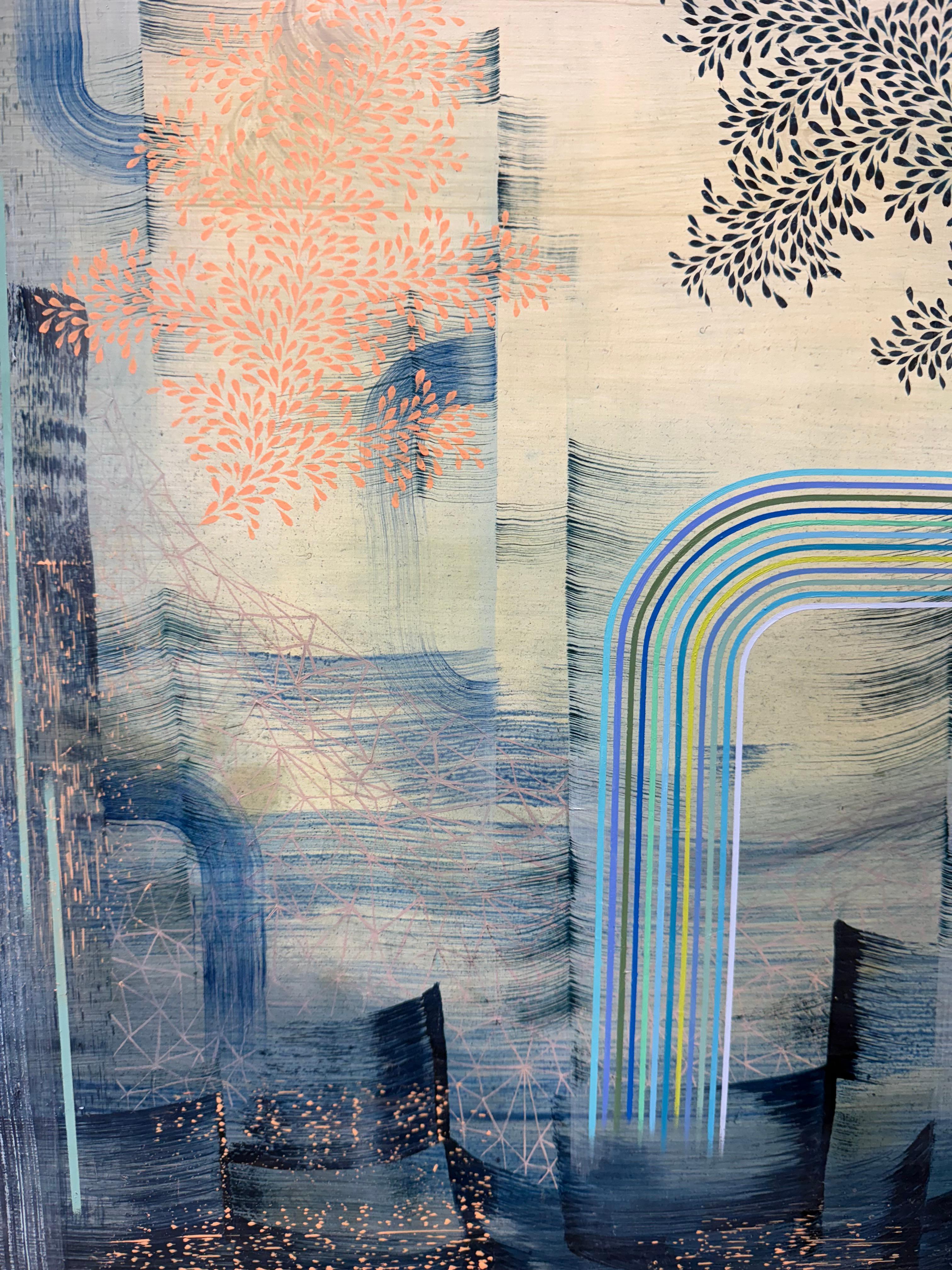 Far from Shore - Contemporary Abstract Pattern Stripes Leaves Blue Peach, 2023 im Angebot 6