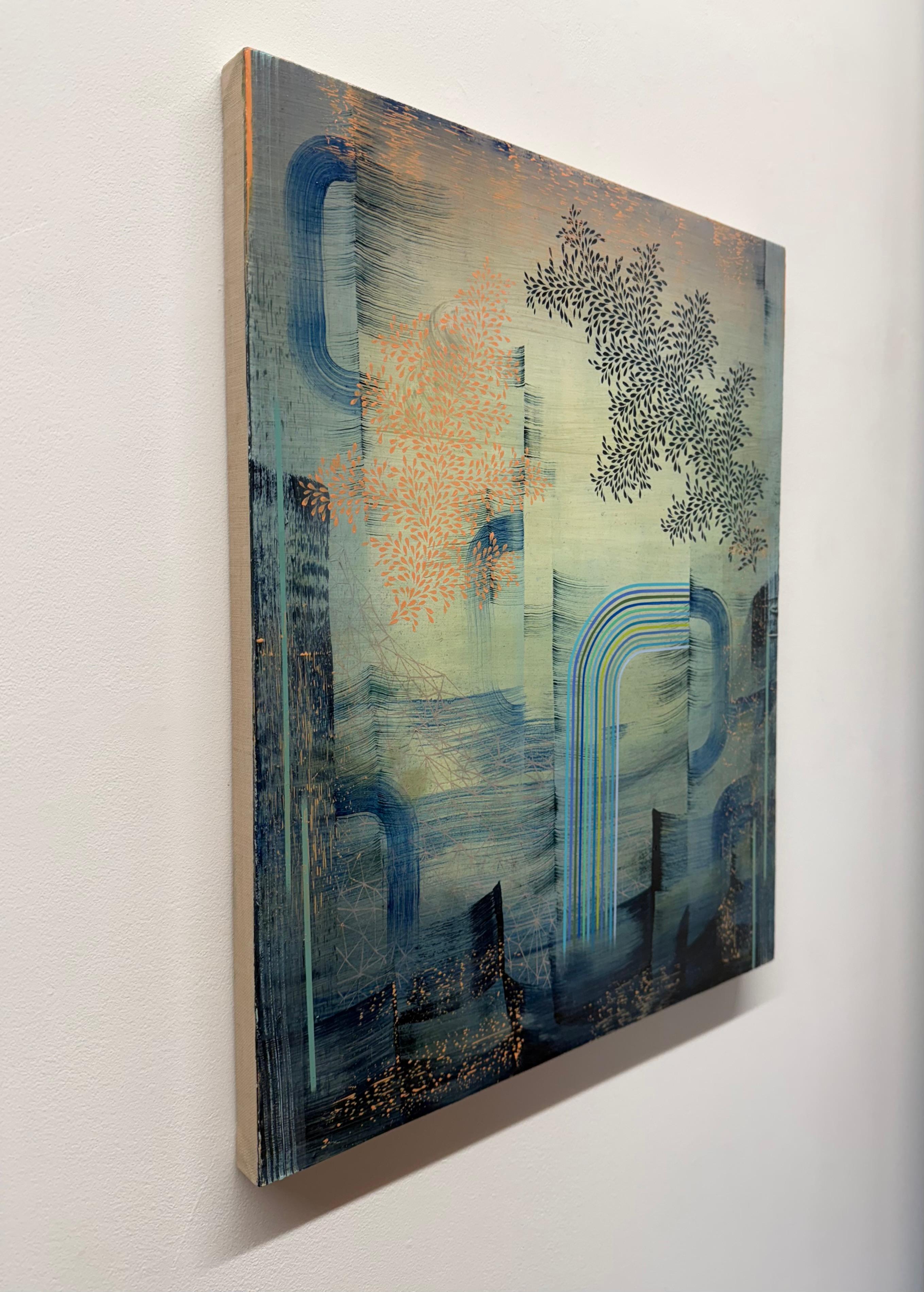 Far from Shore - Contemporary Abstract Pattern Stripes Leaves Blue Peach, 2023 im Angebot 8