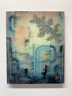 Far from Shore - Contemporary Abstract Pattern Stripes Leaves Blue Peach, 2023