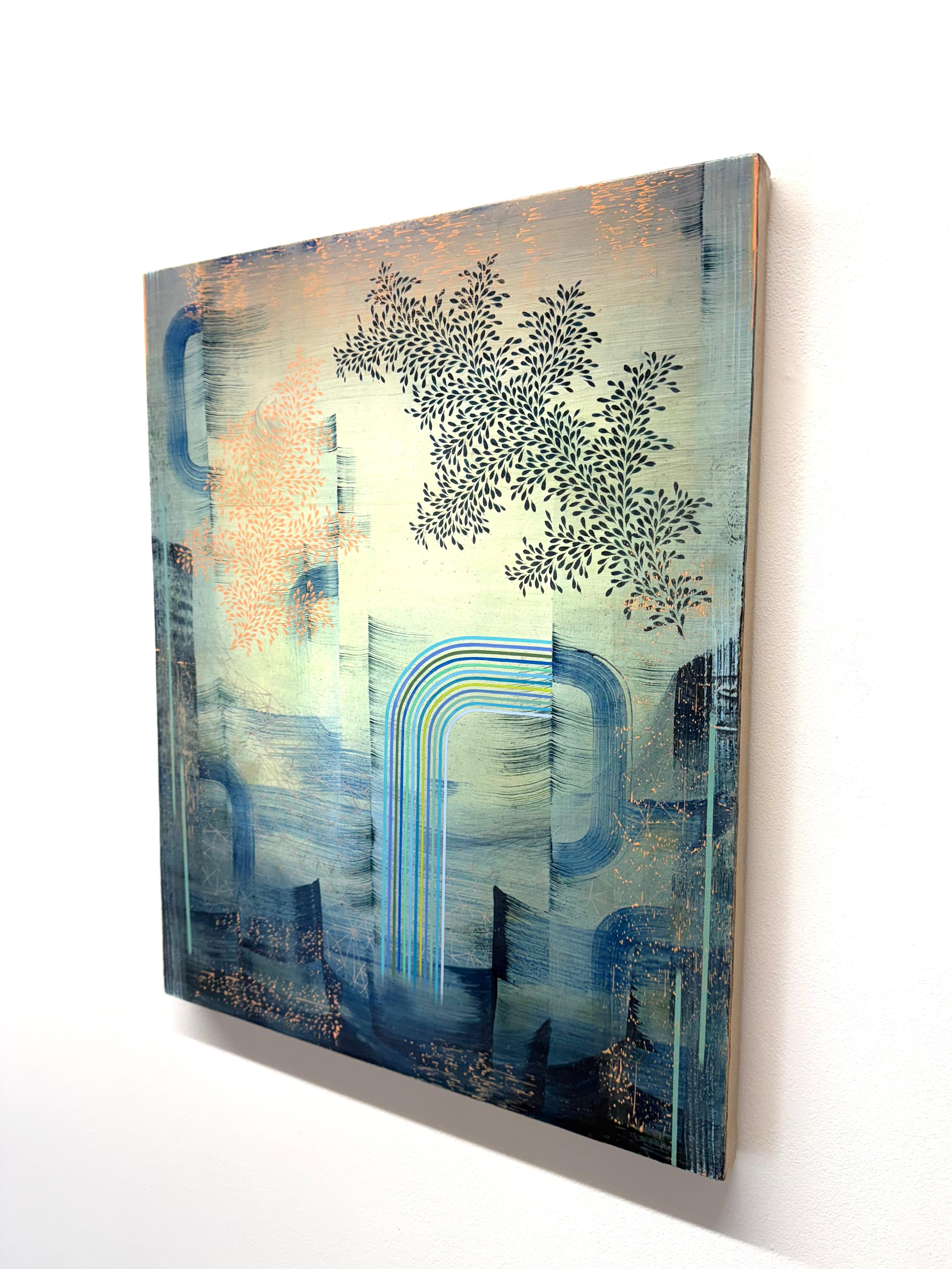 Far from Shore - Contemporary Abstract Pattern Stripes Leaves Blue Peach, 2023 (Zeitgenössisch), Painting, von Gabe Brown