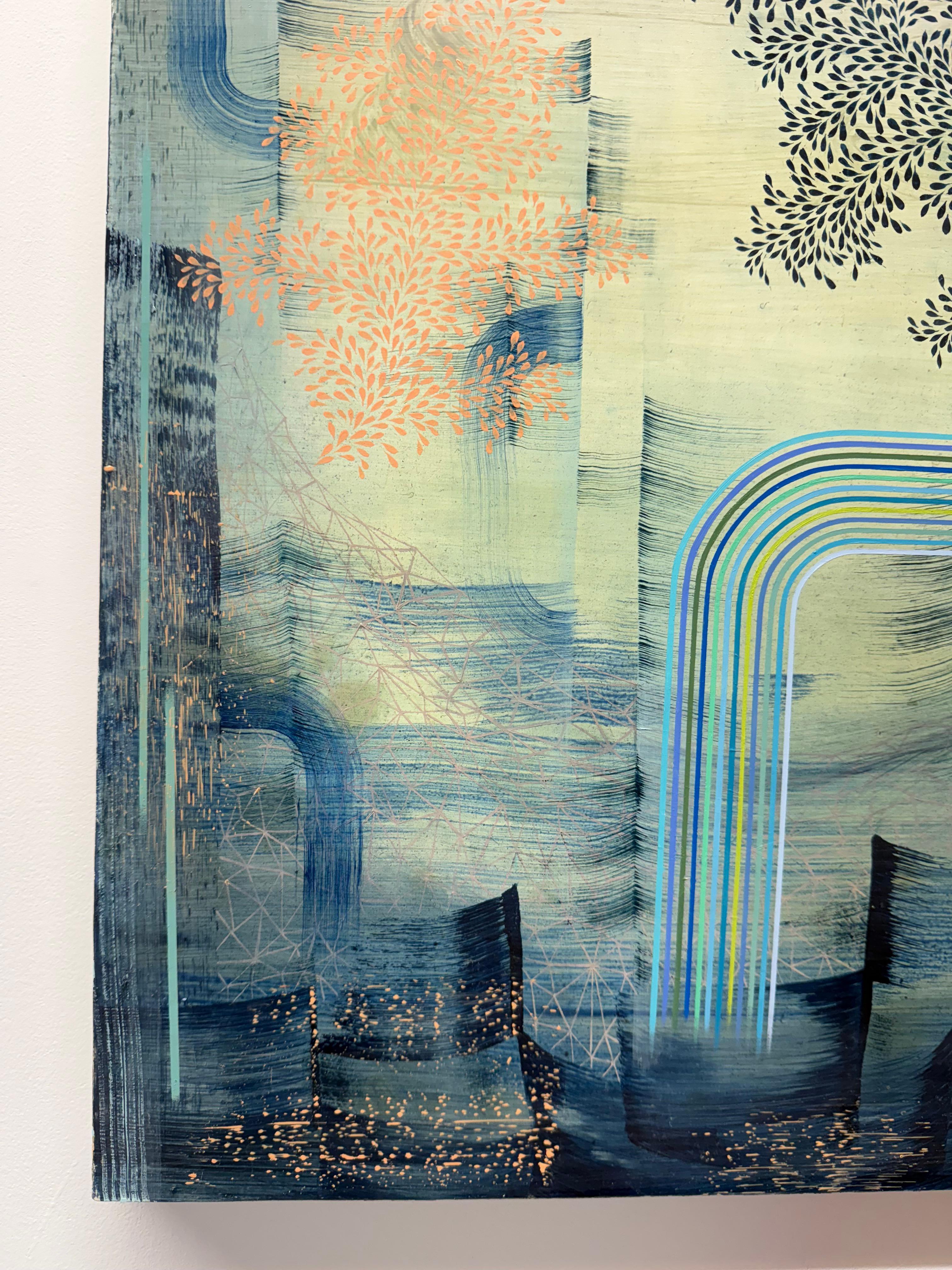 Far from Shore - Contemporary Abstract Pattern Stripes Leaves Blue Peach, 2023 (Blau), Abstract Painting, von Gabe Brown