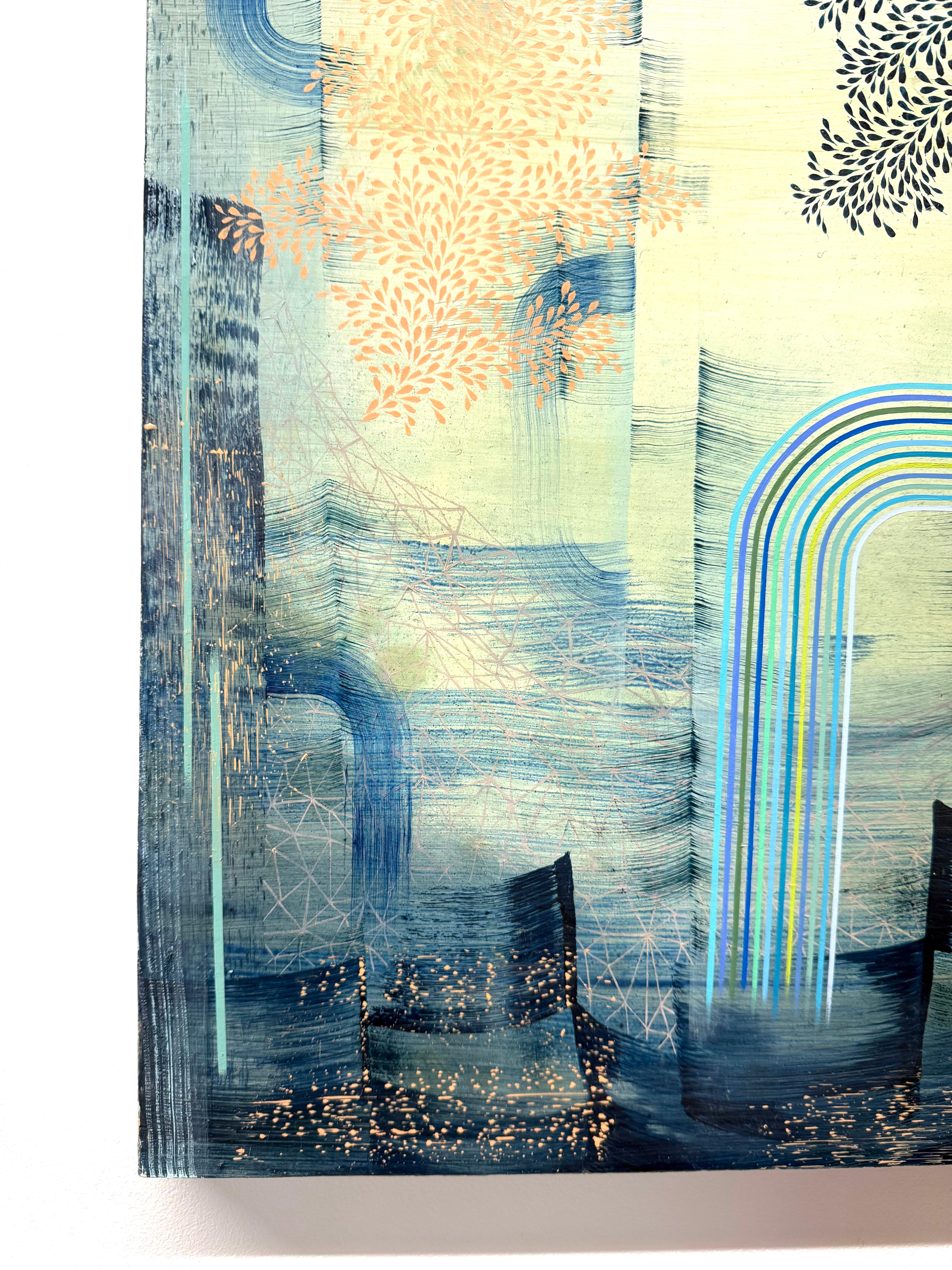 Zeitgenössisches abstraktes Landschaftsgemälde in Öl auf Leinen, aufgezogen auf ein Paneel mit sorgfältig geordneten Mustern, geometrischen Formen und zarten Linien in leuchtenden prismatischen Farben vor einem stimmungsvollen Hintergrund, der mit