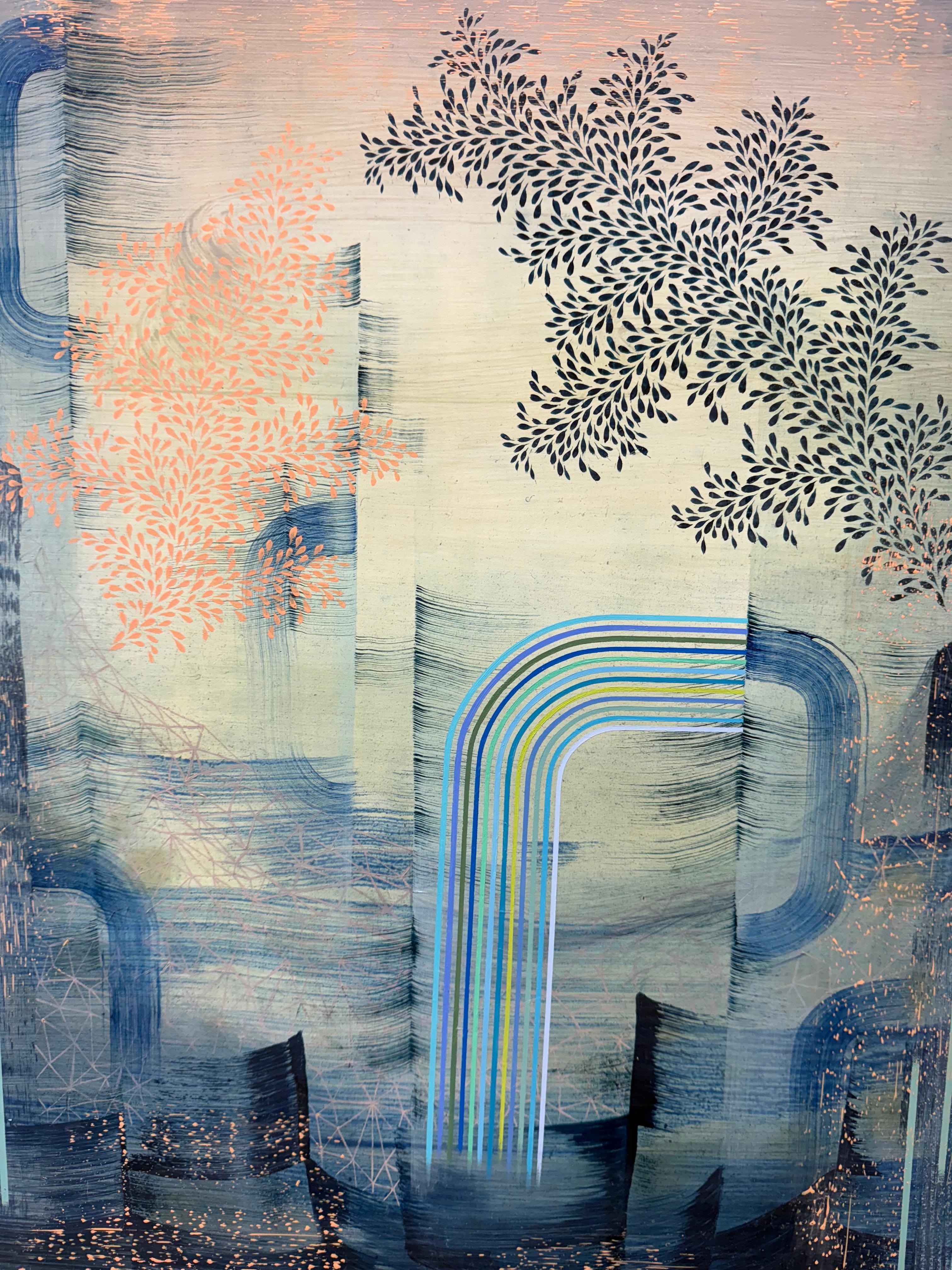 Far from Shore - Contemporary Abstract Pattern Stripes Leaves Blue Peach, 2023 im Angebot 1