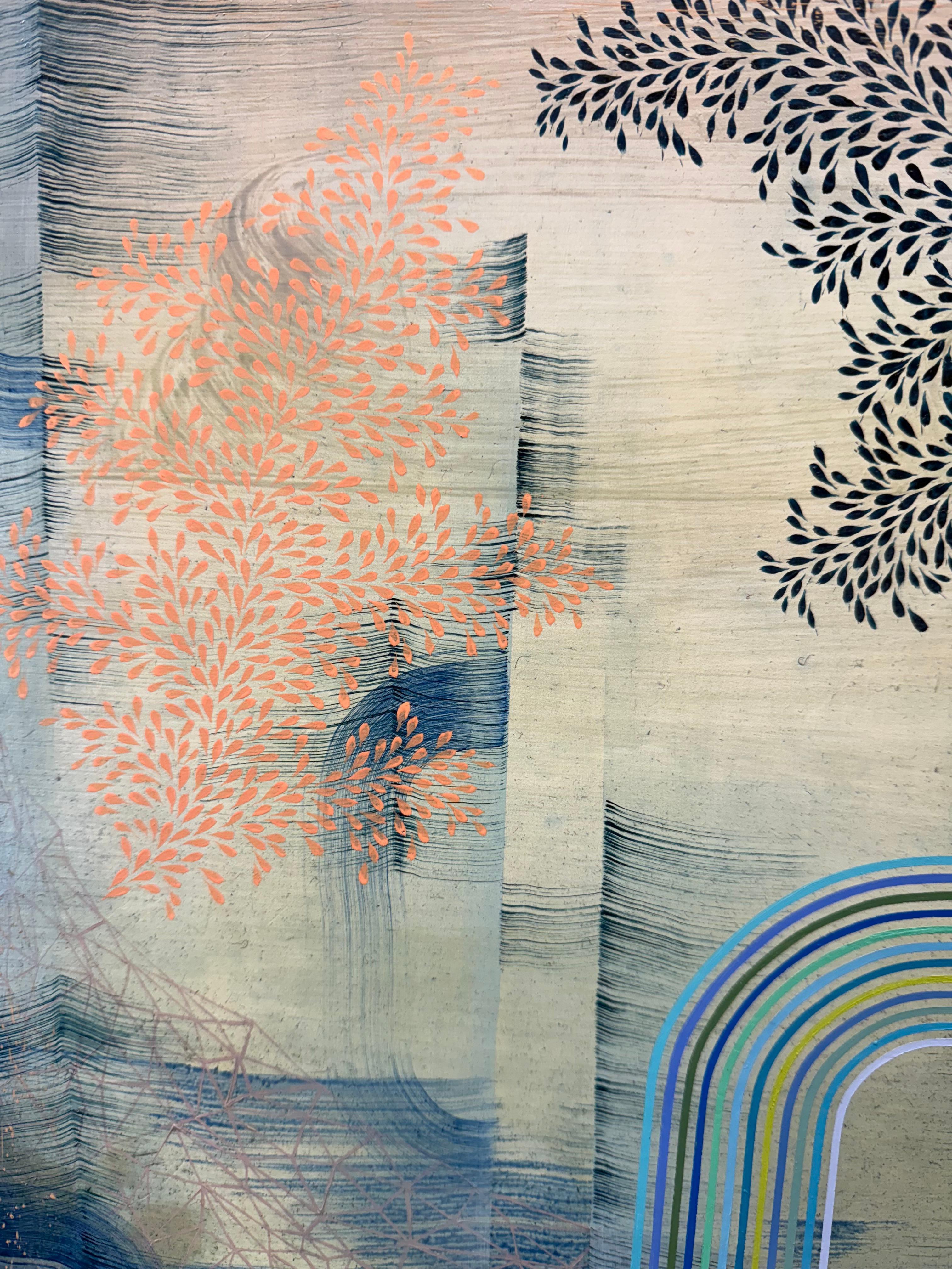 Far from Shore - Contemporary Abstract Pattern Stripes Leaves Blue Peach, 2023 im Angebot 2