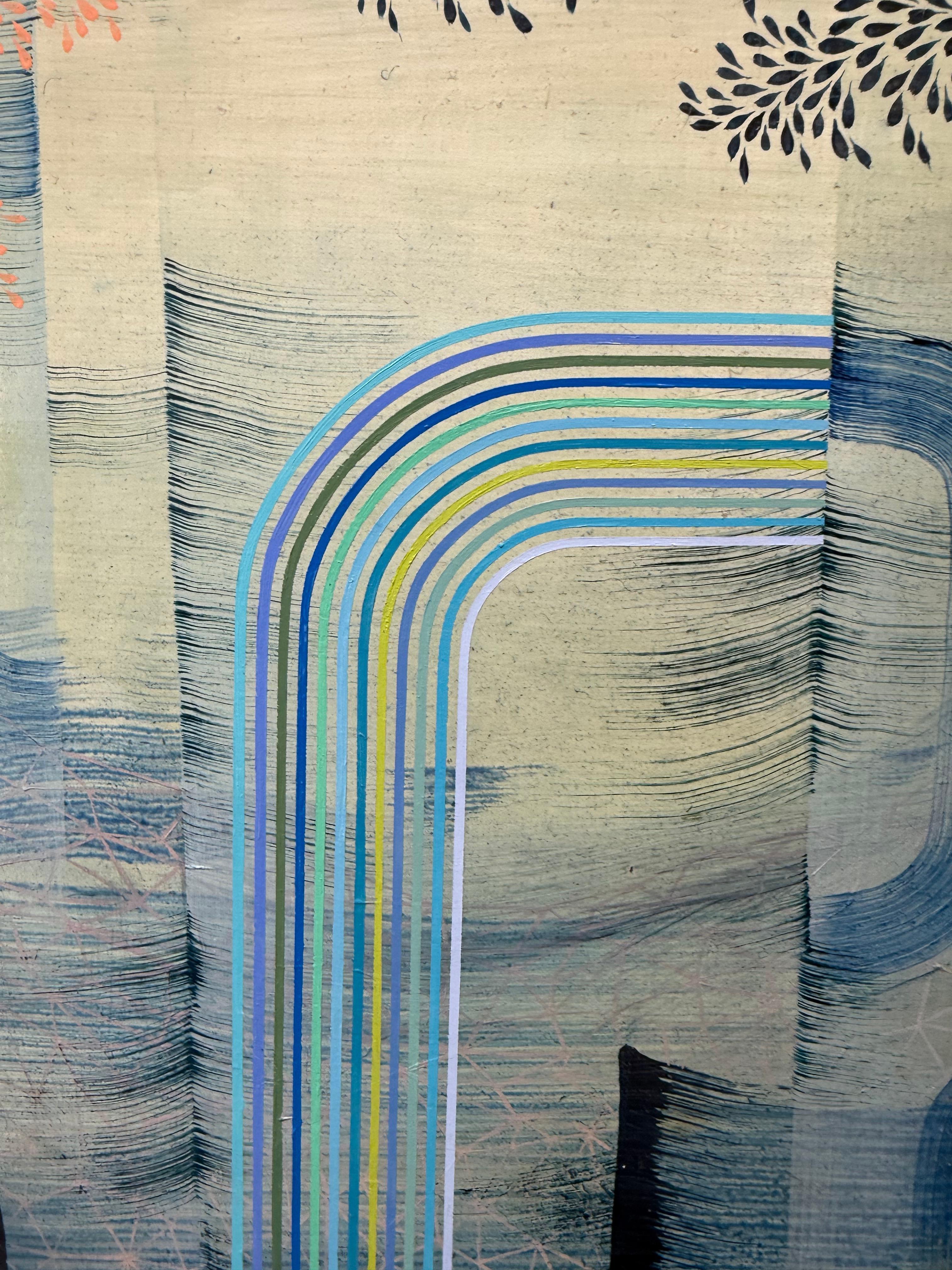 Far from Shore - Contemporary Abstract Pattern Stripes Leaves Blue Peach, 2023 im Angebot 3