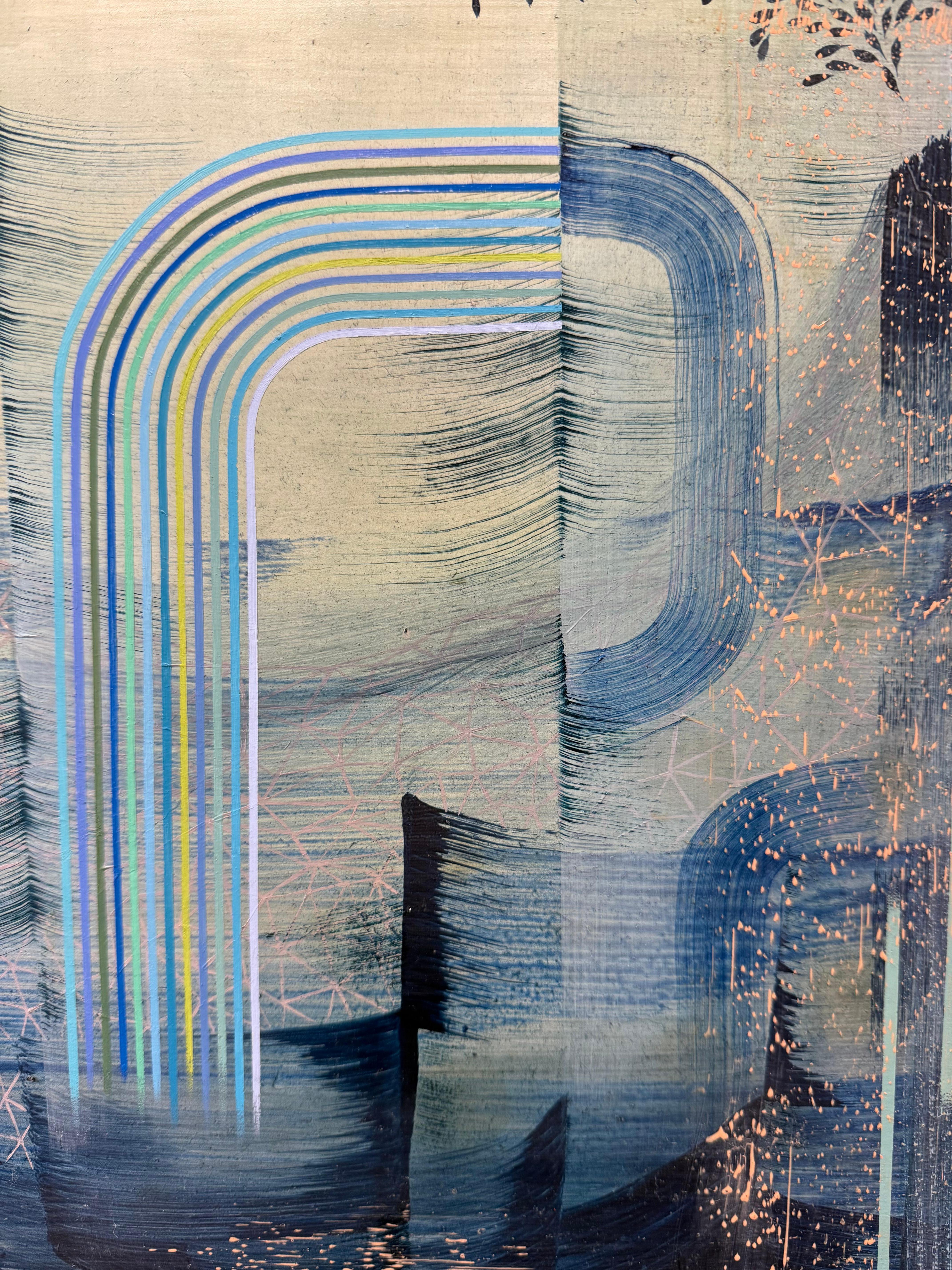 Far from Shore - Contemporary Abstract Pattern Stripes Leaves Blue Peach, 2023 im Angebot 4