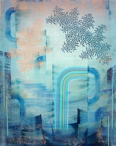 Far from Shore - Contemporary Abstract Pattern Stripes Leaves Blue Peach, 2023