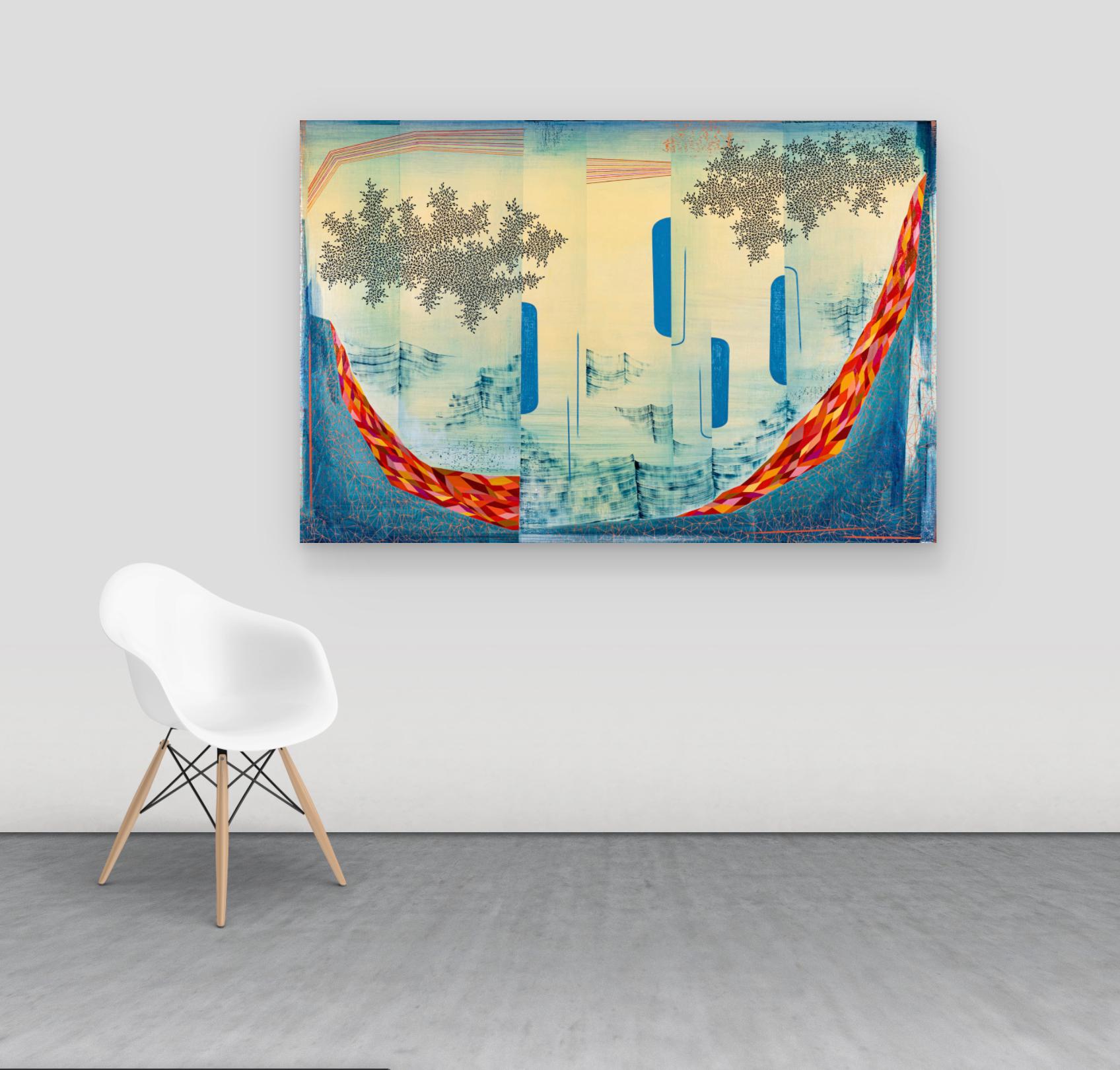 Fire Water Sky, Large Horizontal Abstract Landscape in Dark Red, Blue, Yellow - Contemporary Painting by Gabe Brown