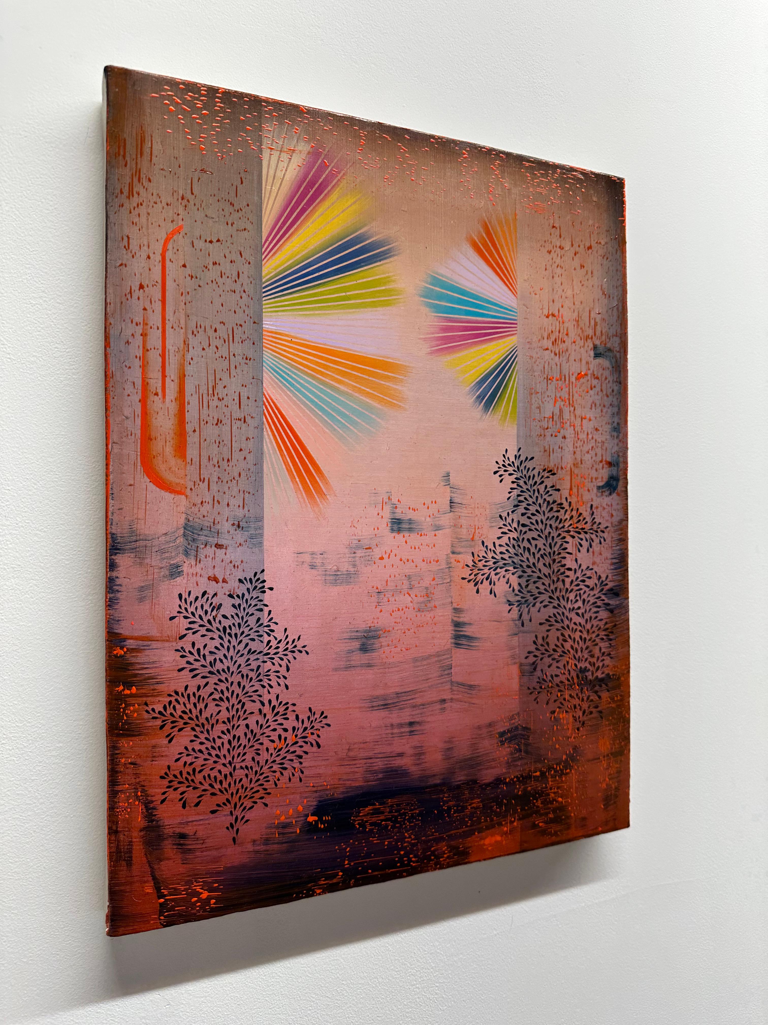 Firecracker, Pale Rose Pink, Light Red, Yellow, Orange, Blue Abstract Patterns - Contemporary Painting by Gabe Brown