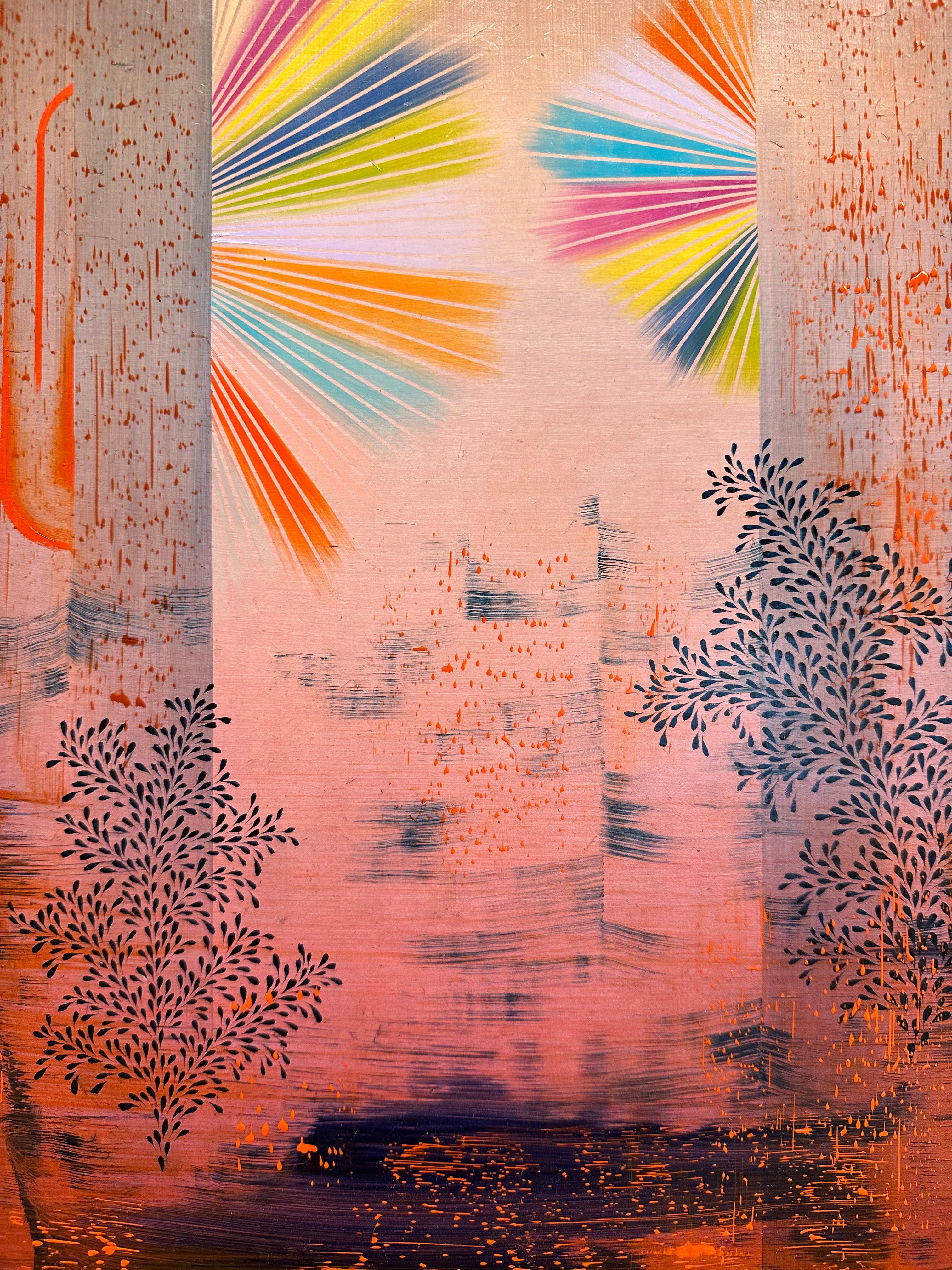 Petardo, Rosa Pálido, Rojo Claro, Amarillo, Naranja, Azul Patrones Abstractos - Abstract Painting Marrón de Gabe Brown