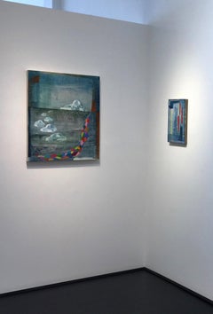 Flux, Vertical Abstract Painting in Blue, Pink, Green, Orange, Red with Icebergs