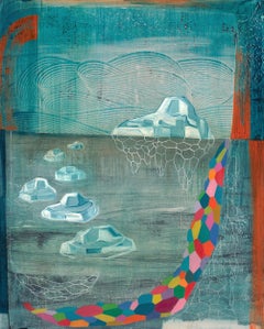 Flux, Vertical Abstract Painting in Blue, Pink, Green, Orange, Red with Icebergs