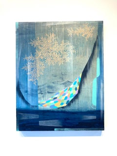 Gateway, Indigo Blue, Peach, Purple, Light Green Vertical Abstract Painting