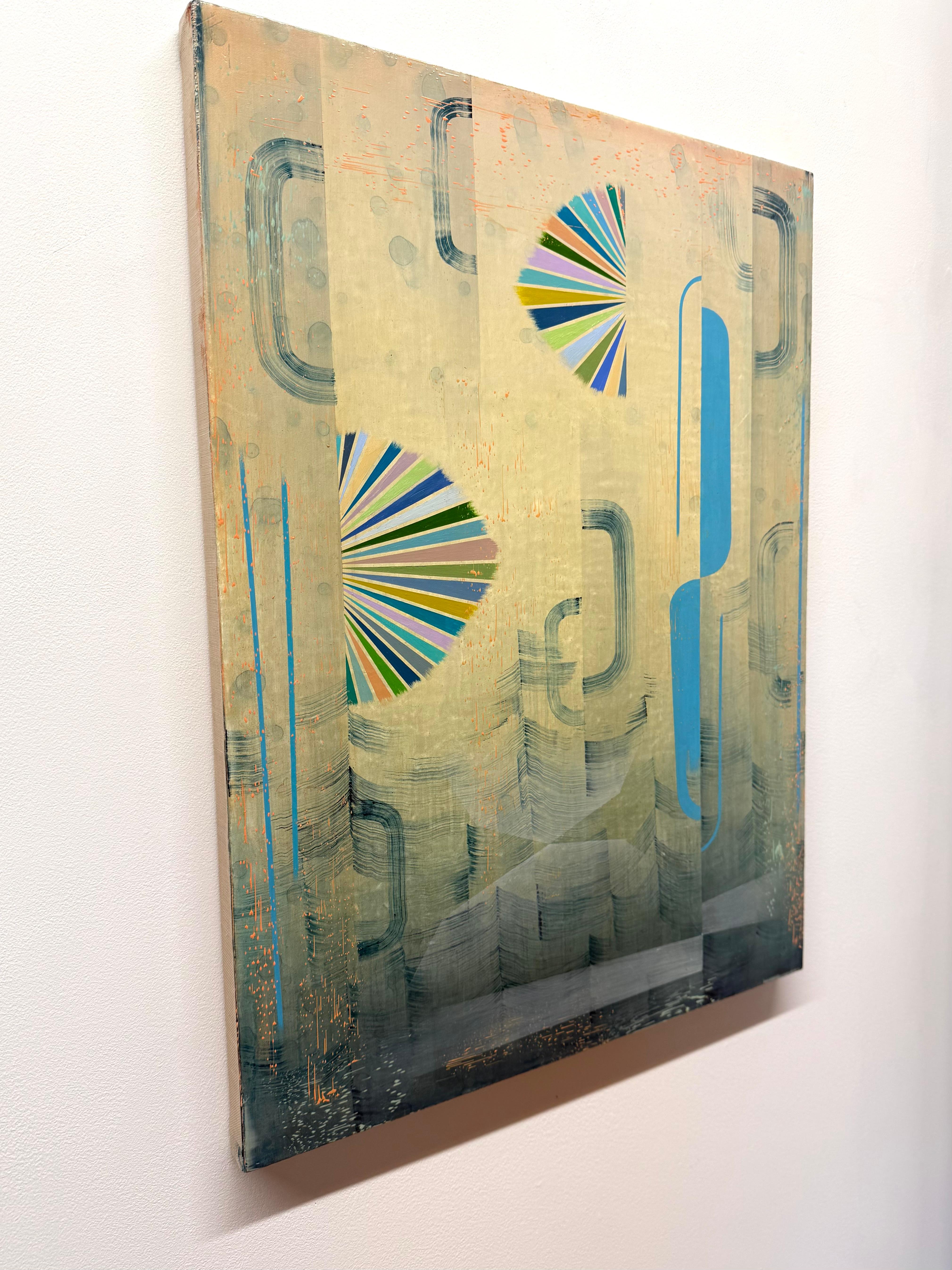 Gray Mist - Blue Green Teal Abstract Geometric Patterns Stripes Waves, 2023 - Contemporary Painting by Gabe Brown