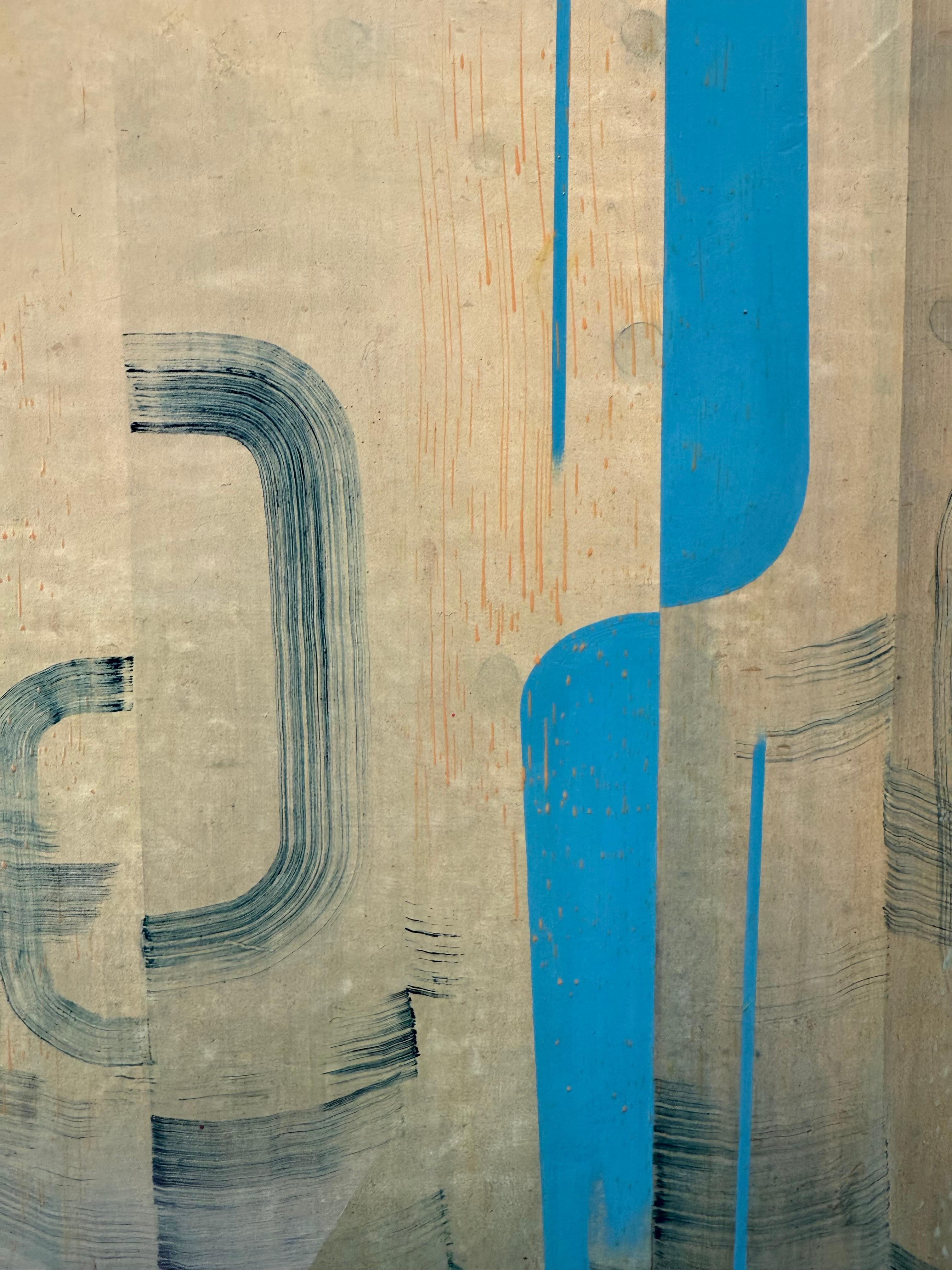 Contemporary abstract painting in oil on linen mounted on panel with carefully ordered patterns, geometric shapes and delicate lines in shades of blue, green, teal and indigo on an atmospheric pale yellow and blue background. Signed, dated and