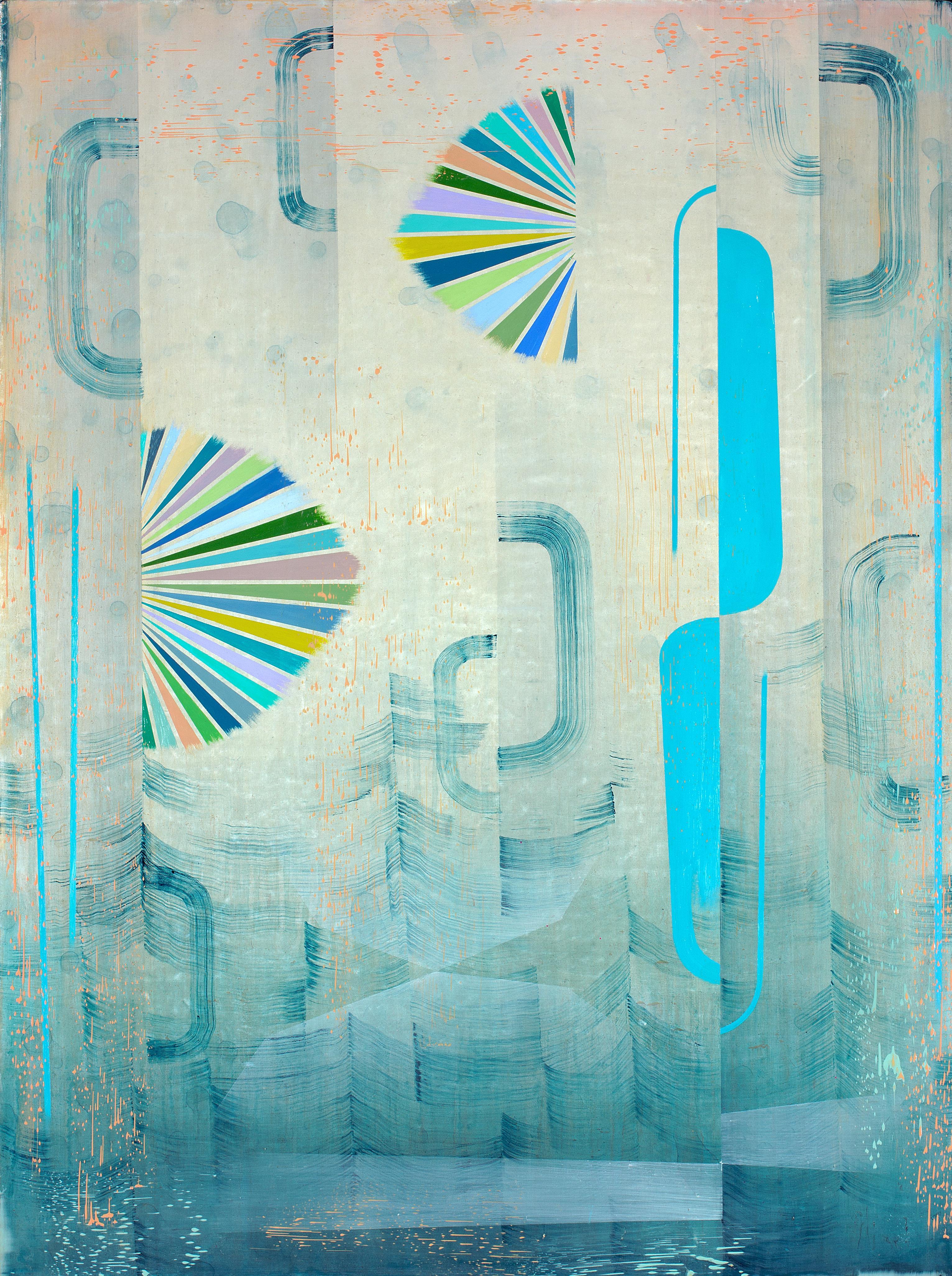 Gabe Brown Abstract Painting - Gray Mist - Blue Green Teal Abstract Geometric Patterns Stripes Waves, 2023