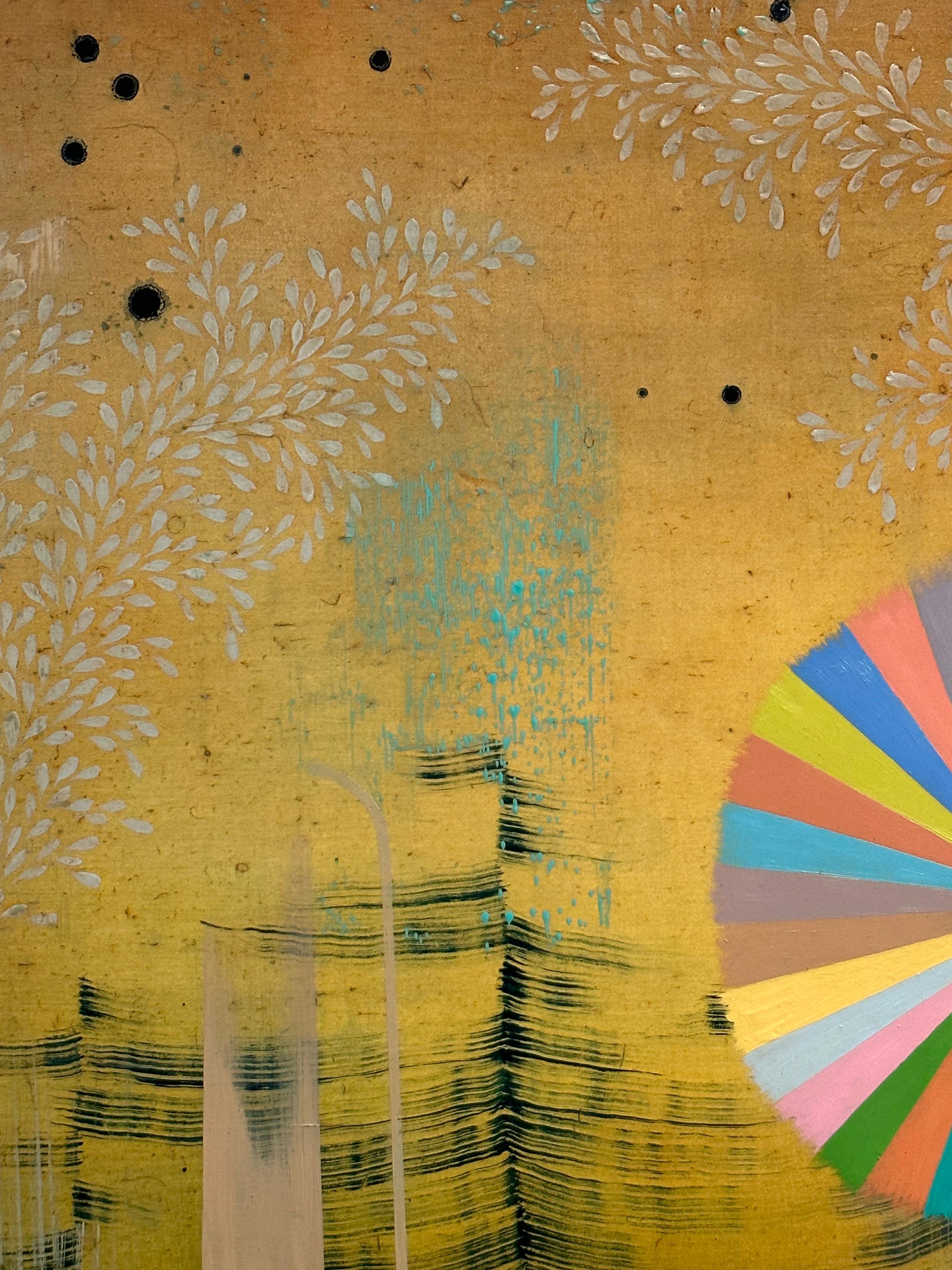 Patrones cuidadosamente ordenados, formas geométricas y delicadas líneas en azul claro, verde lima, añil, rosa y aguamarina sobre un luminoso fondo amarillo dorado. Firmado, fechado y titulado en el reverso.

Explorando un mundo más allá de la