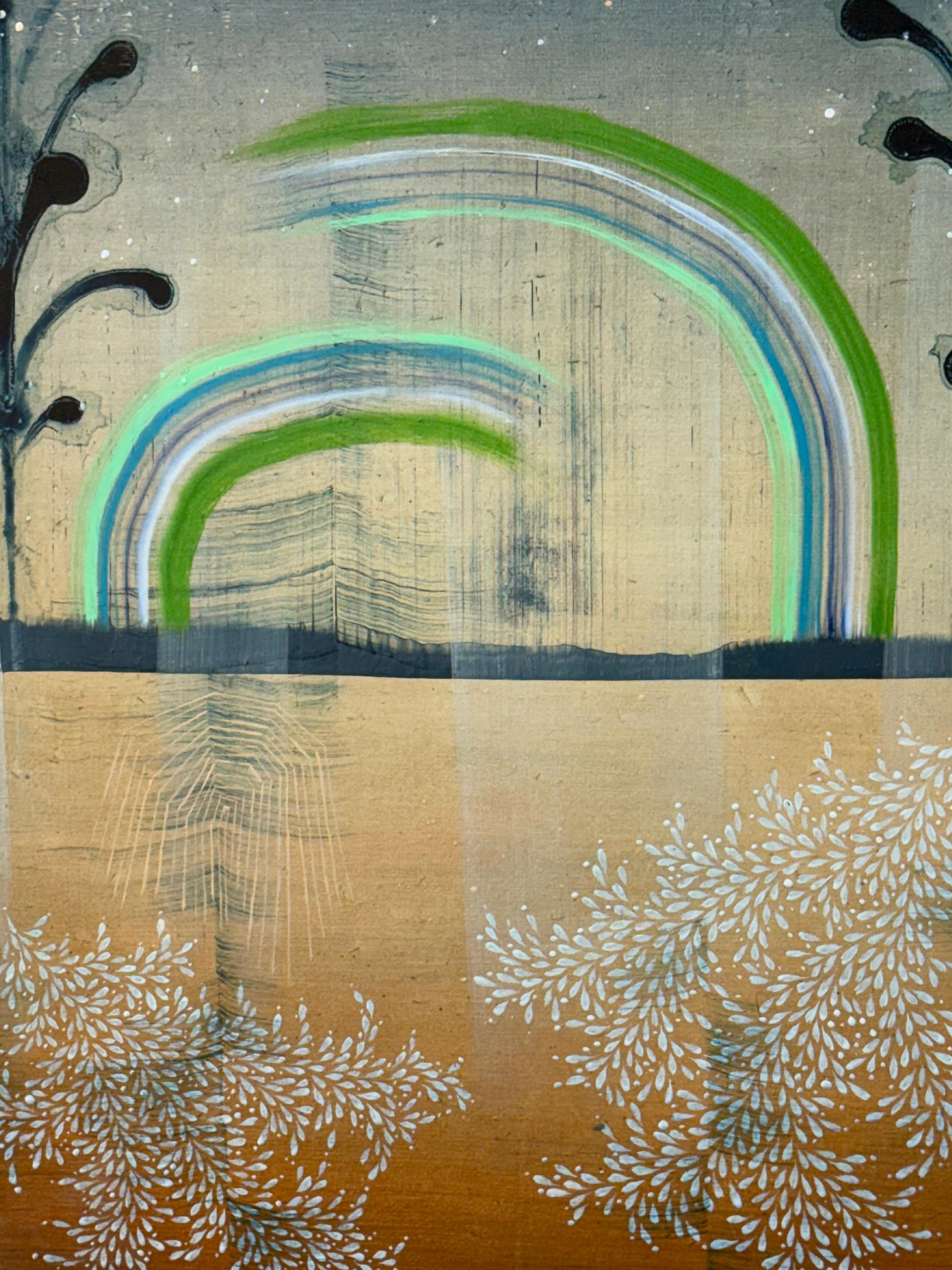 Lotus - Abstract Landscape Patterns Stripes Leaves Mint Blue Green Orange, 2023 (Grau), Abstract Painting, von Gabe Brown