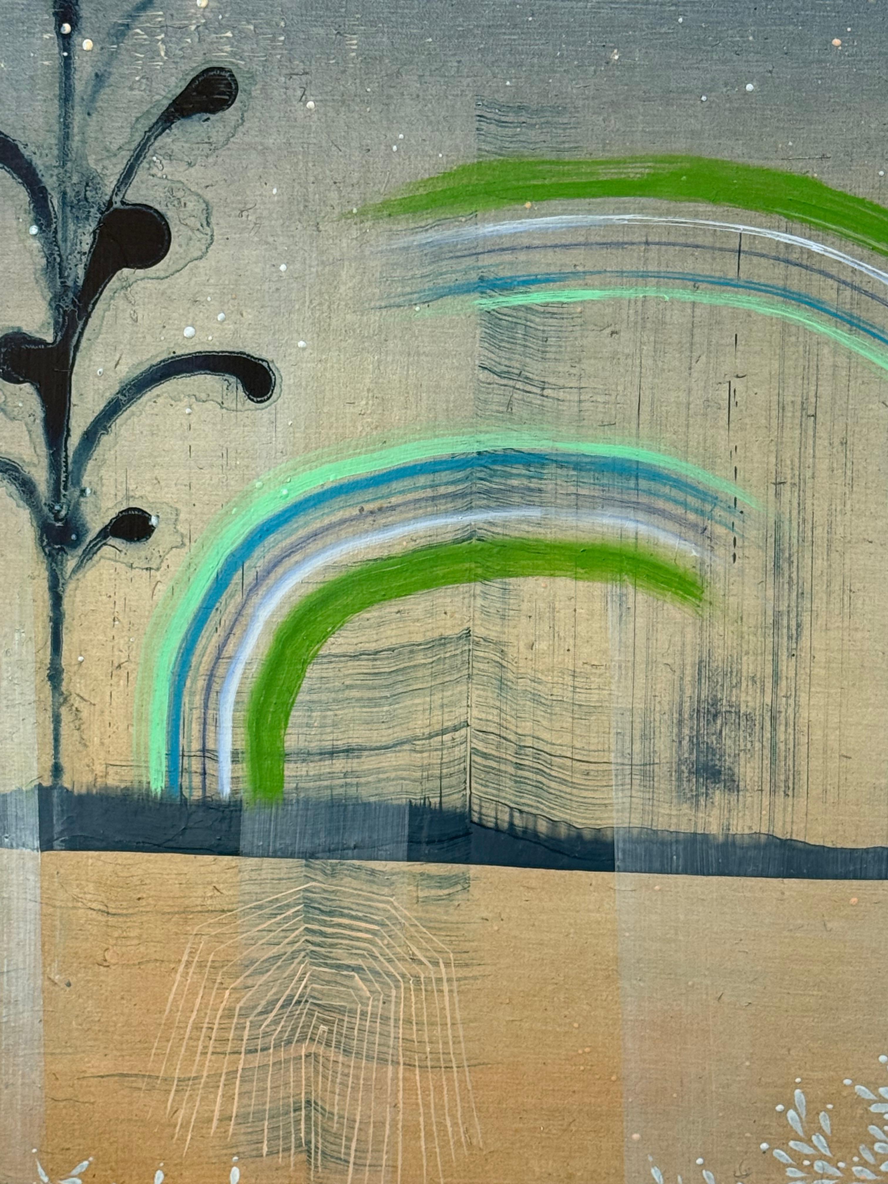 Contemporary abstract painting in oil on linen mounted on panel with carefully ordered leaf patterns, shapes and delicate lines in shades of mint blue, teal and green on an atmospheric pale orange and blue background. Signed, dated and titled on