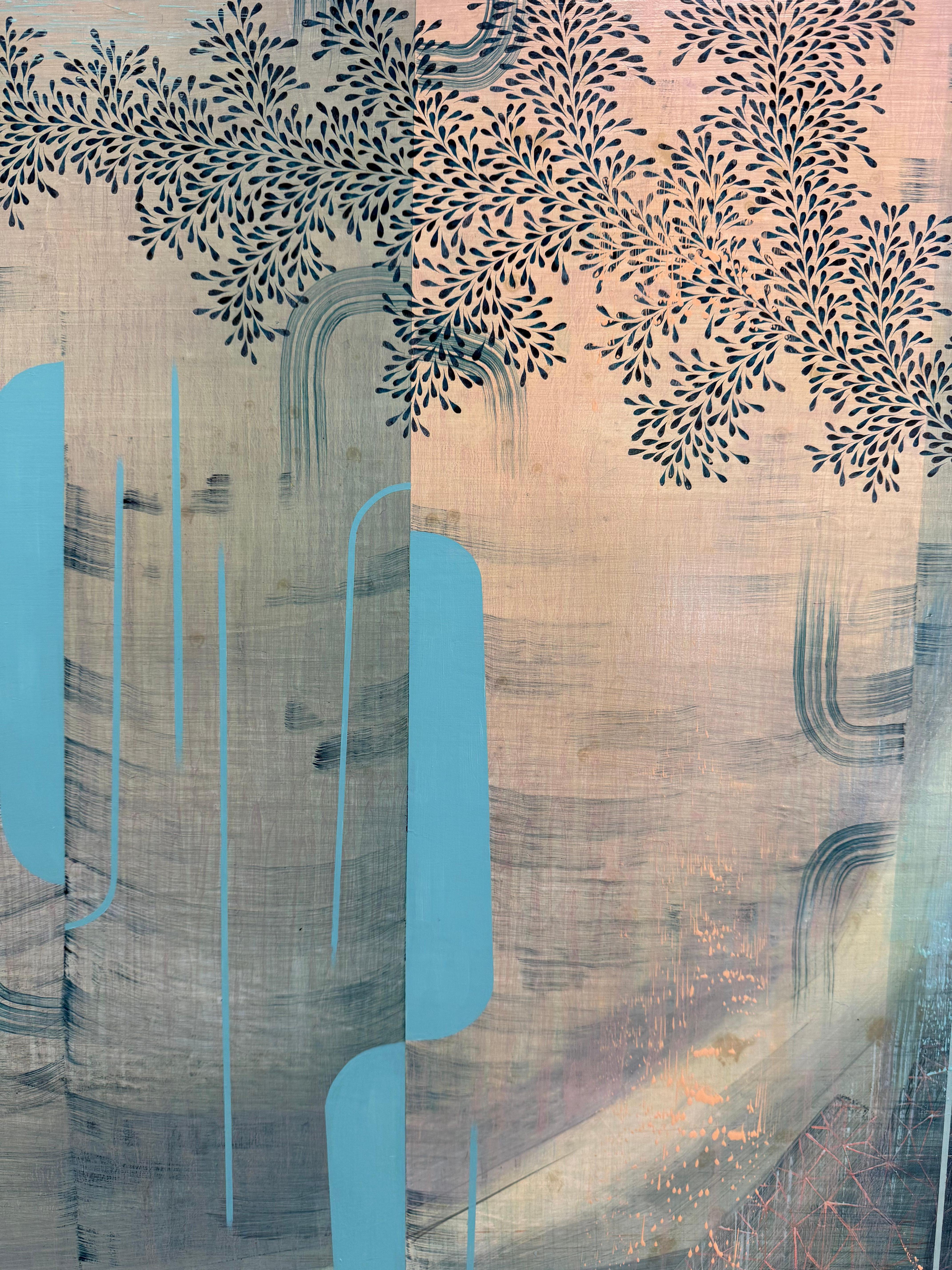 Sol Magnético - Abstracto Contemporáneo Azul Arco Iris Patrón Rayas Hojas, 2023 - Painting de Gabe Brown