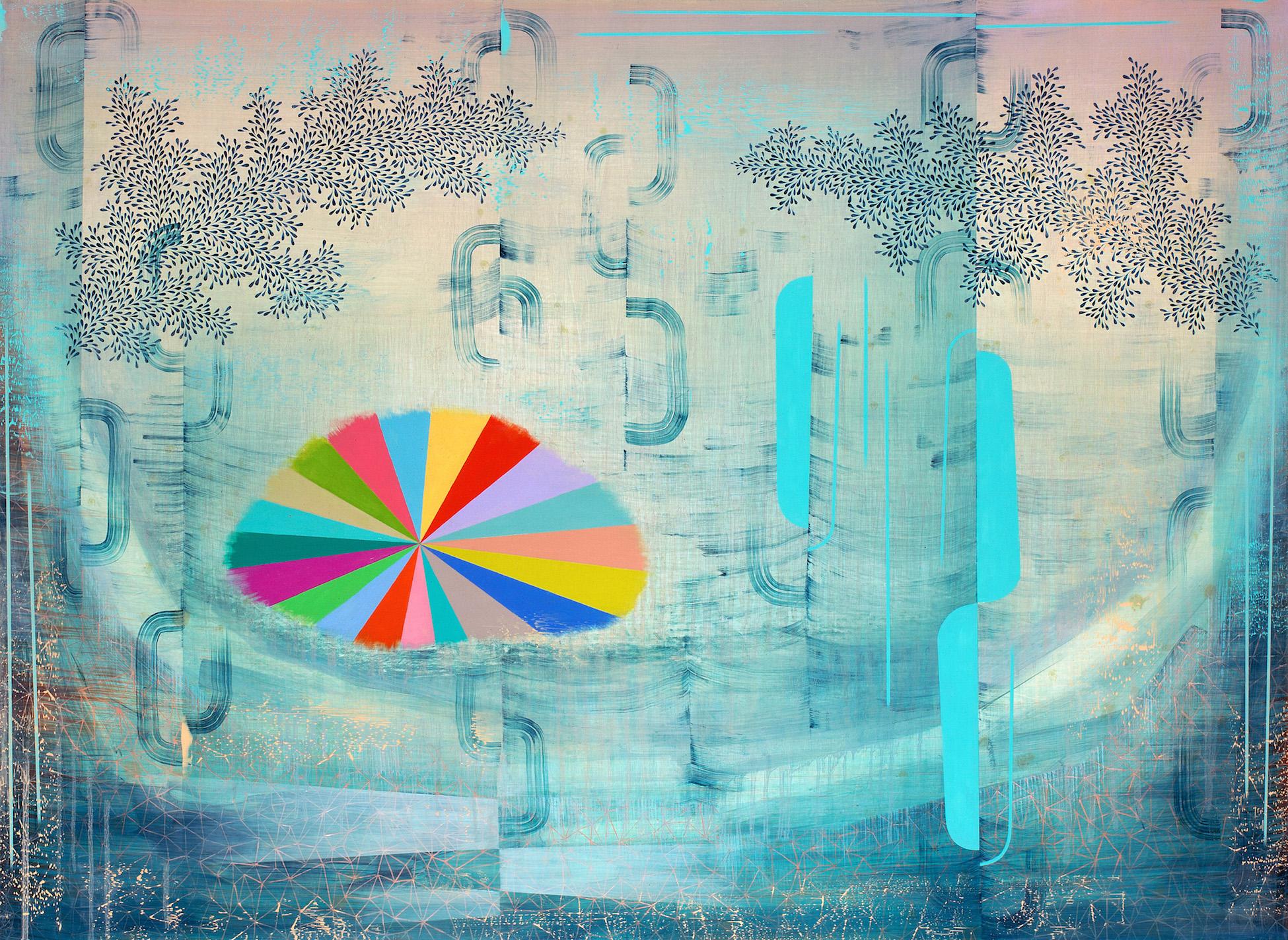 Abstract Painting de Gabe Brown - Sol Magnético - Abstracto Contemporáneo Azul Arco Iris Patrón Rayas Hojas, 2023