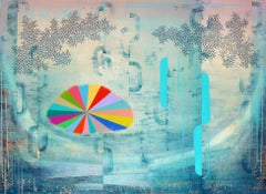 Magnetic Sun - Contemporain abstrait bleu arc-en-ciel formes rayures feuilles, 2023