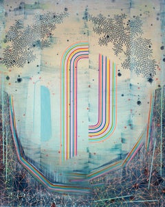 Phantom, Abstraktes Gemälde, Graublau, Indigo, Regenbogenlinien, Muster