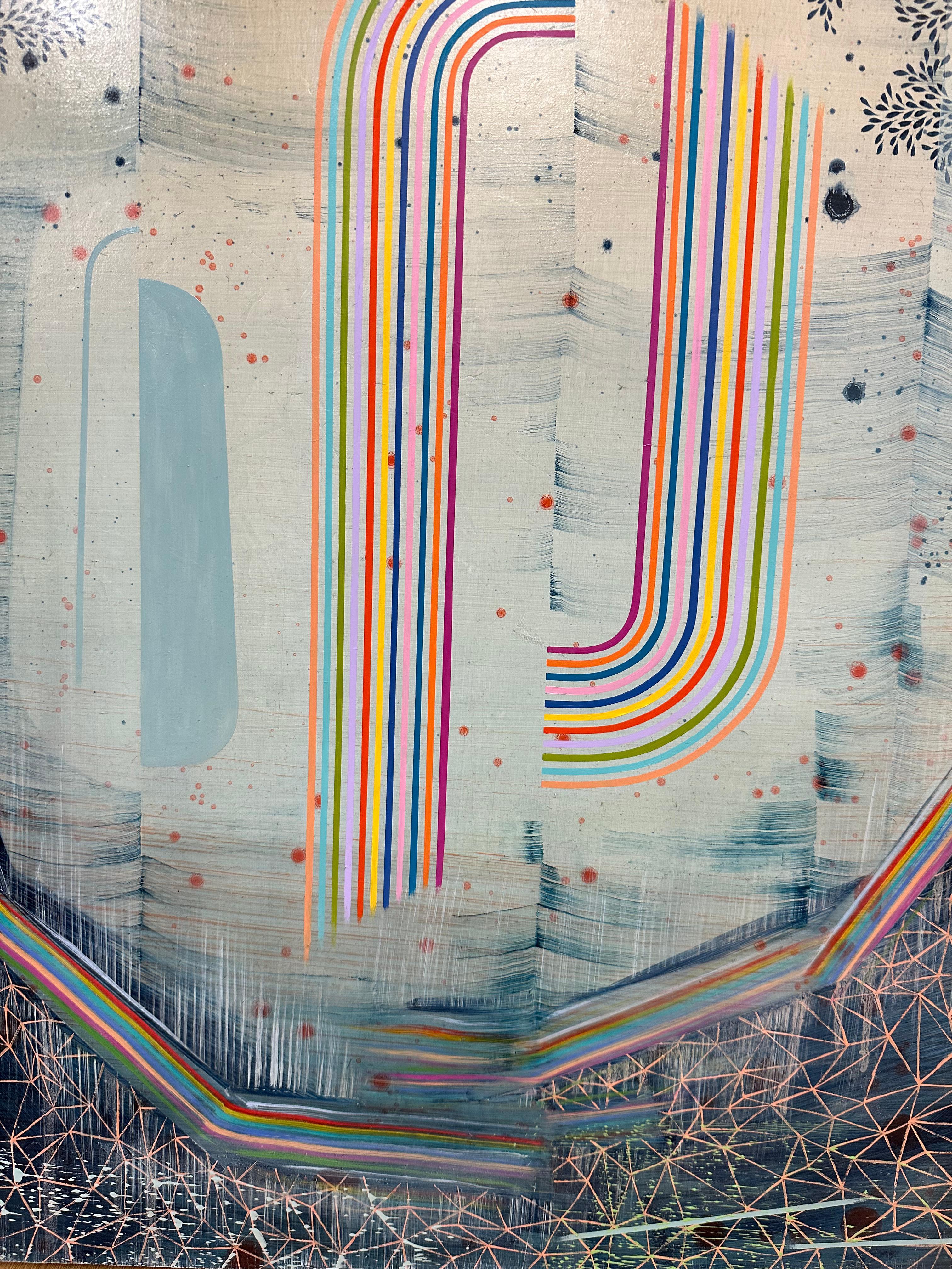 Phantom - Paisaje Abstracto Contemporáneo Rayas Patrón Arcoiris Hojas, 2023 - Abstract Painting Gris de Gabe Brown
