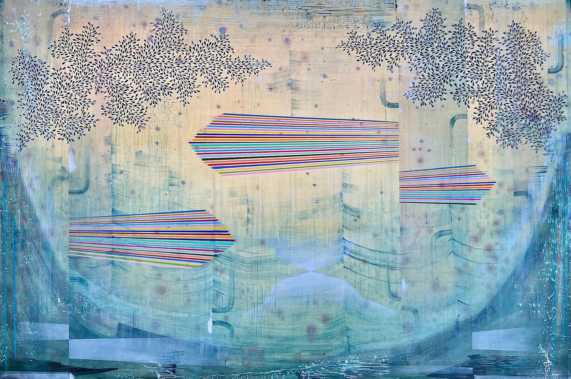 Gabe Brown Abstract Painting - Quasar - Sky Blue Yellow Rainbow Stripe Leaf Pattern Abstract Landscape, 2026