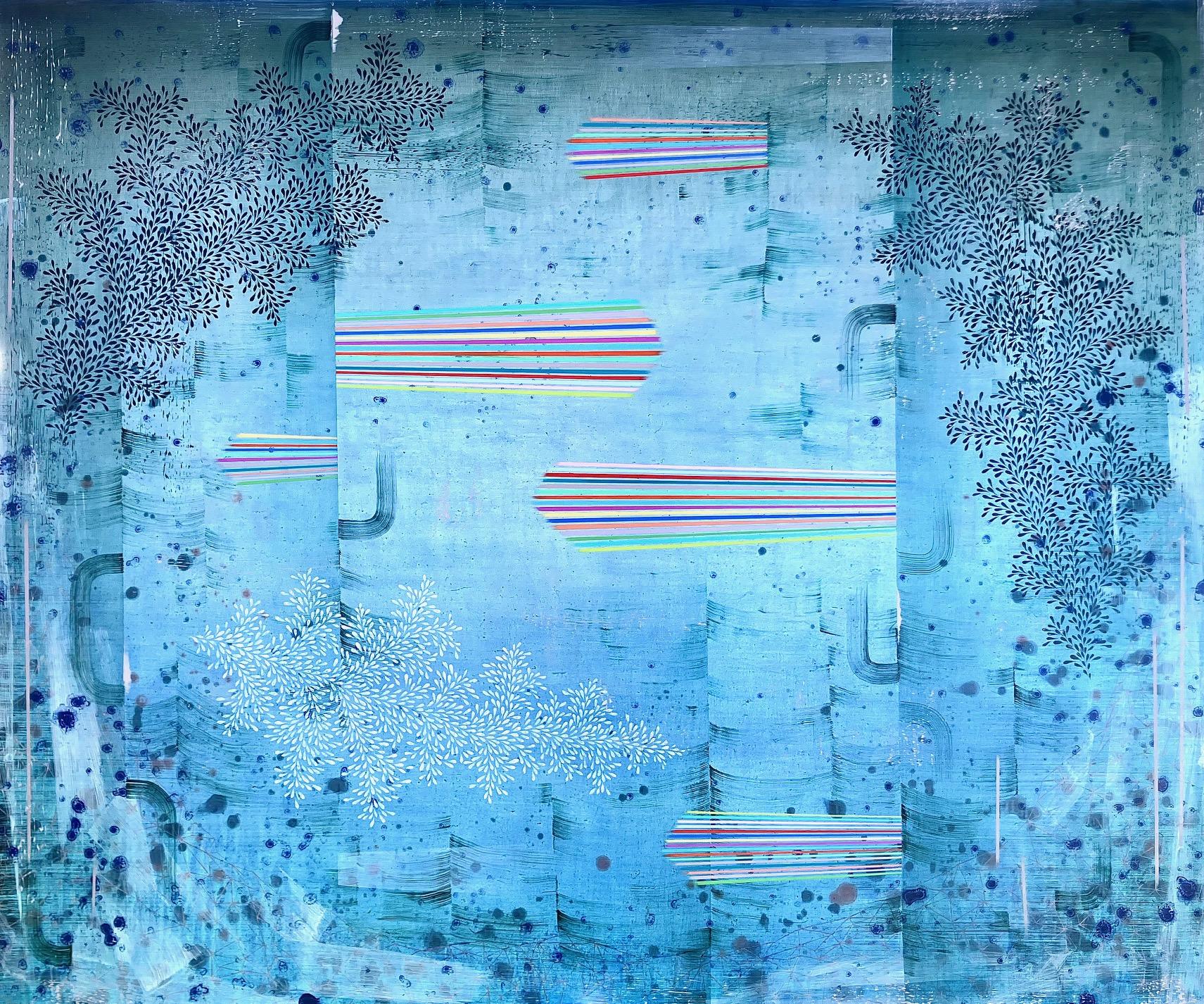Gabe Brown Abstract Painting - Rainmaker - Blue Rainbow Stripe Navy Leaf Pattern Abstract Landscape, 2026