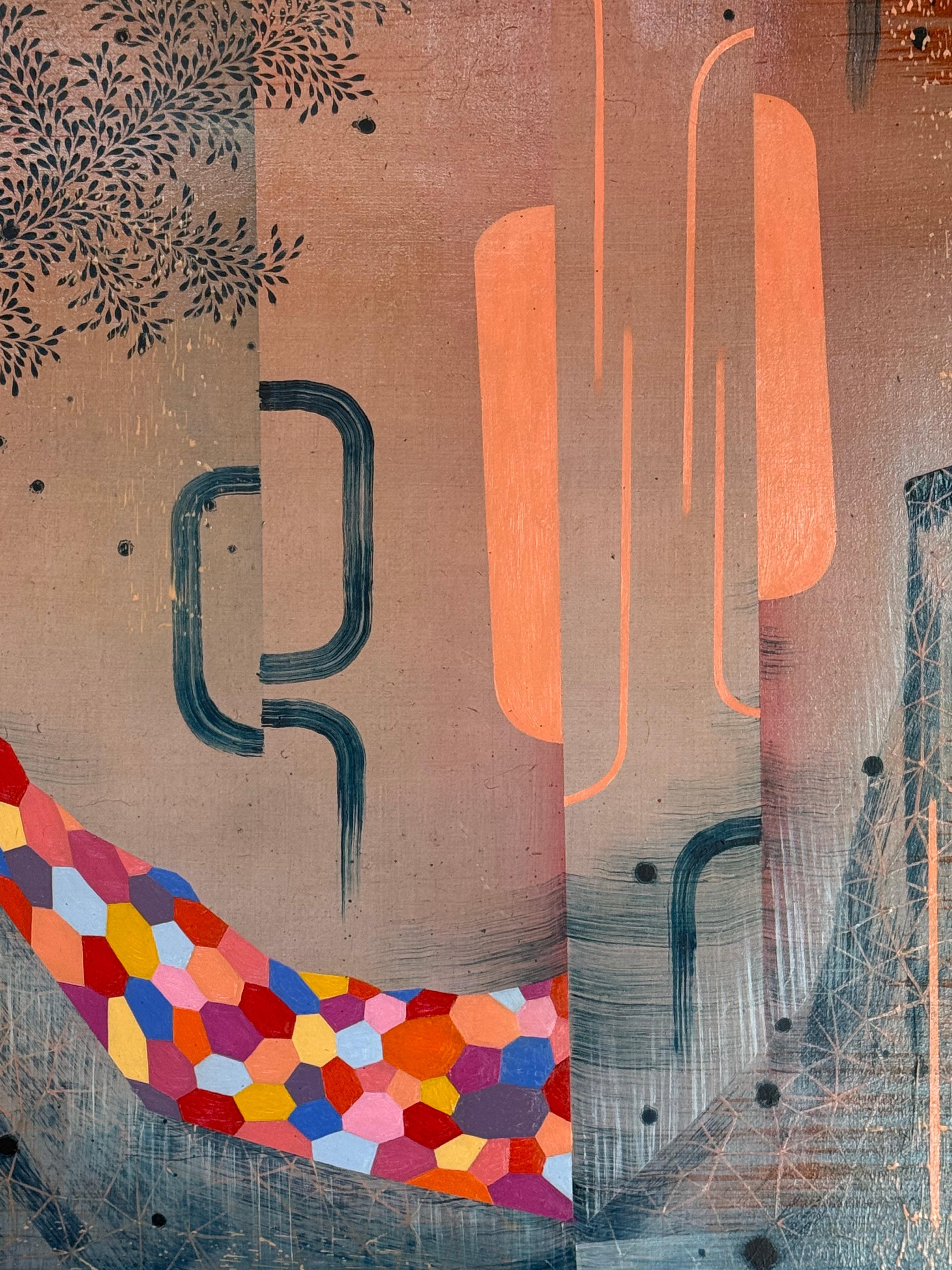 Rote Erde - Zeitgenössische abstrakte Landschaft Muster Streifen Blätter Pfirsich, 2023 (Braun), Landscape Painting, von Gabe Brown