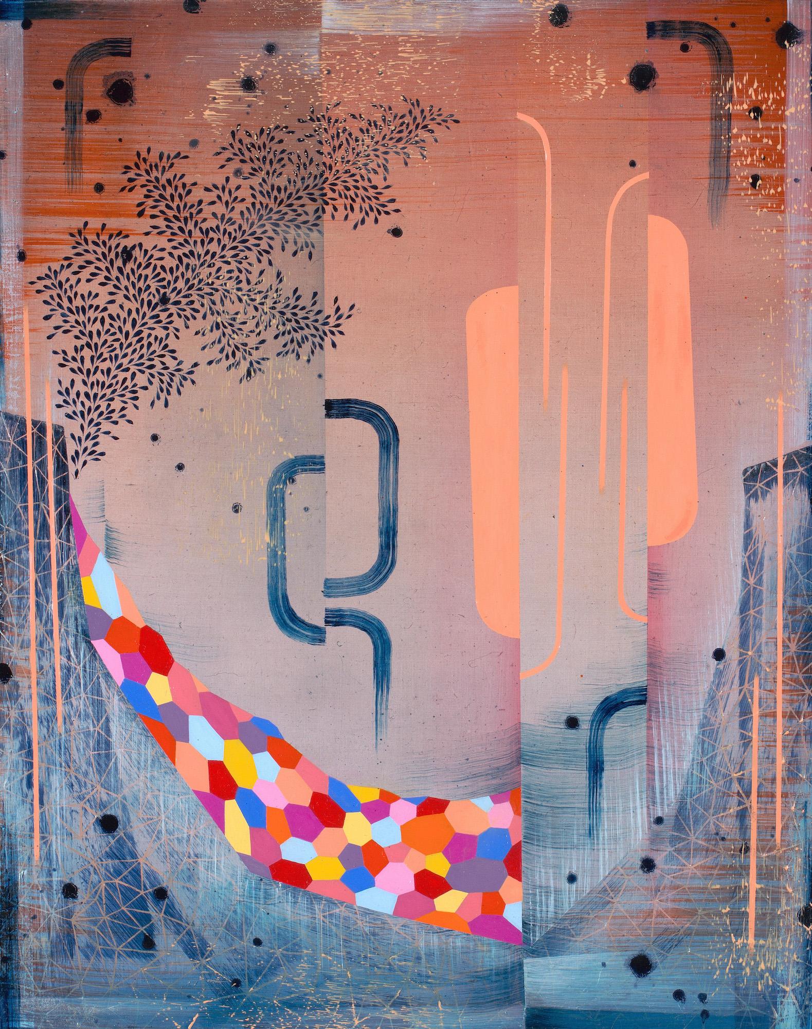 Gabe Brown Landscape Painting – Rote Erde - Zeitgenössische abstrakte Landschaft Muster Streifen Blätter Pfirsich, 2023