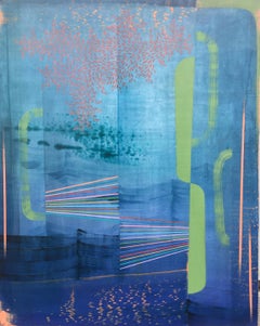 Reflection, peinture abstraite en vert clair, pêche pâle, violet, bleu cobalt