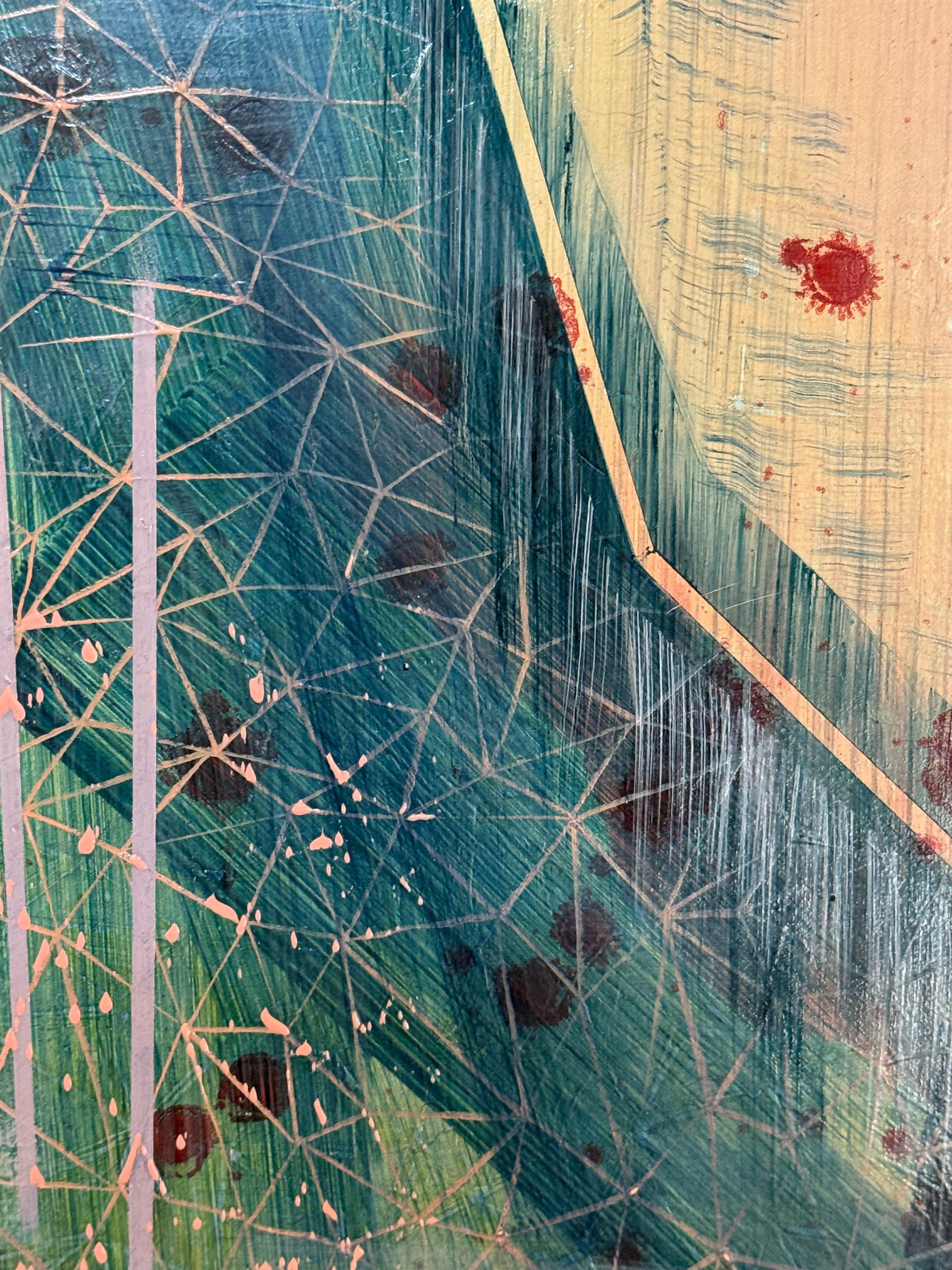 Zeitgenössisches abstraktes Landschaftsgemälde in Öl auf Leinen, aufgezogen auf ein Paneel mit sorgfältig geordneten Mustern, geometrischen Formen und zarten Linien in prismatischen Farben vor einem hellrosa-flieder-violetten Hintergrund, überlagert