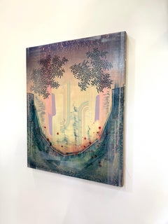 Sightseer - Paisaje Abstracto Contemporáneo Rayas Azul Marino Hojas Lila, 2023