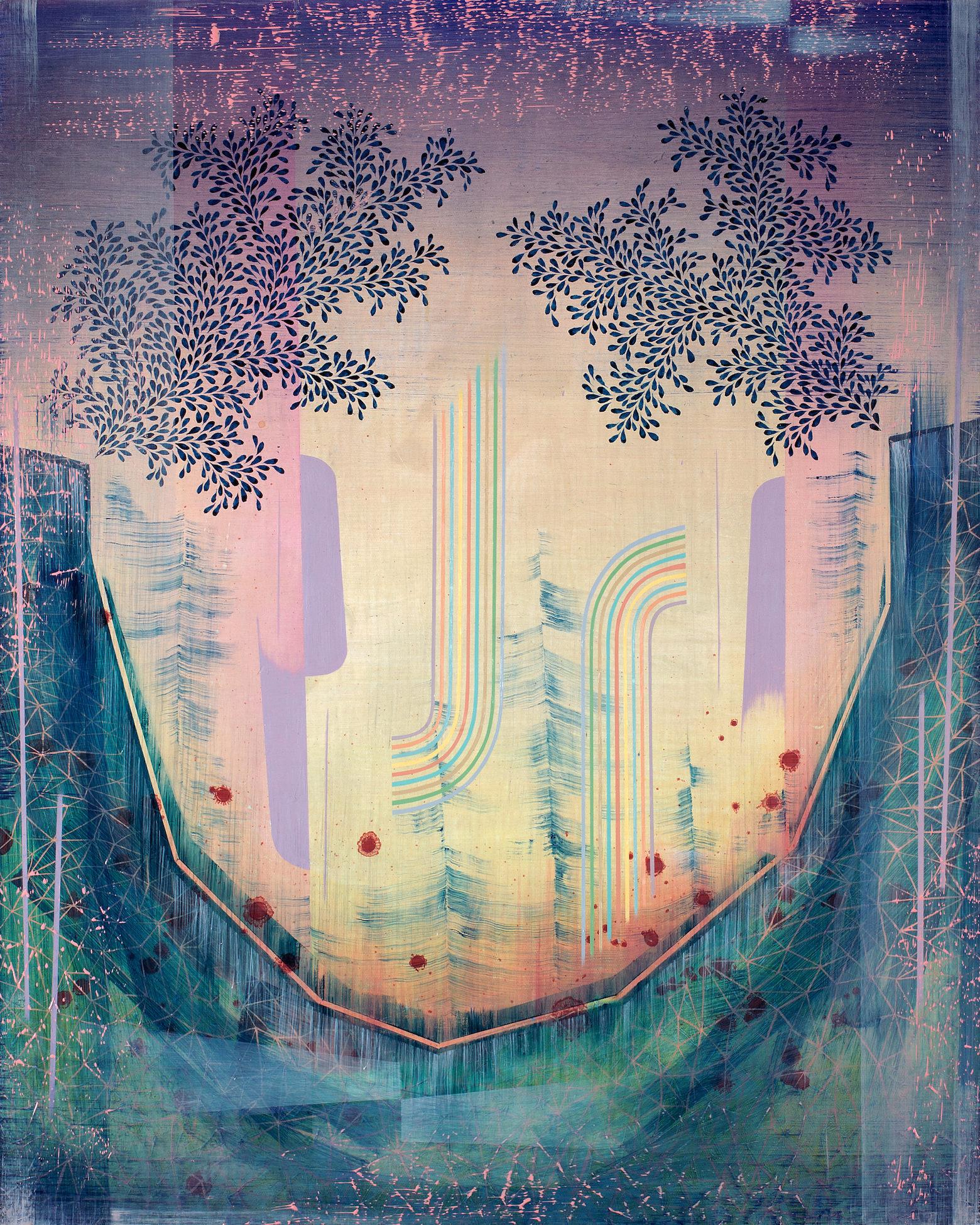 Gabe Brown Abstract Painting - Sightseer - Contemporary Abstract Landscape Stripes Navy Leaves Lilac Blue, 2023