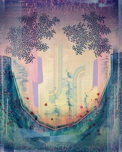 Sightseer - Paisaje Abstracto Contemporáneo Rayas Azul Marino Hojas Lila, 2023