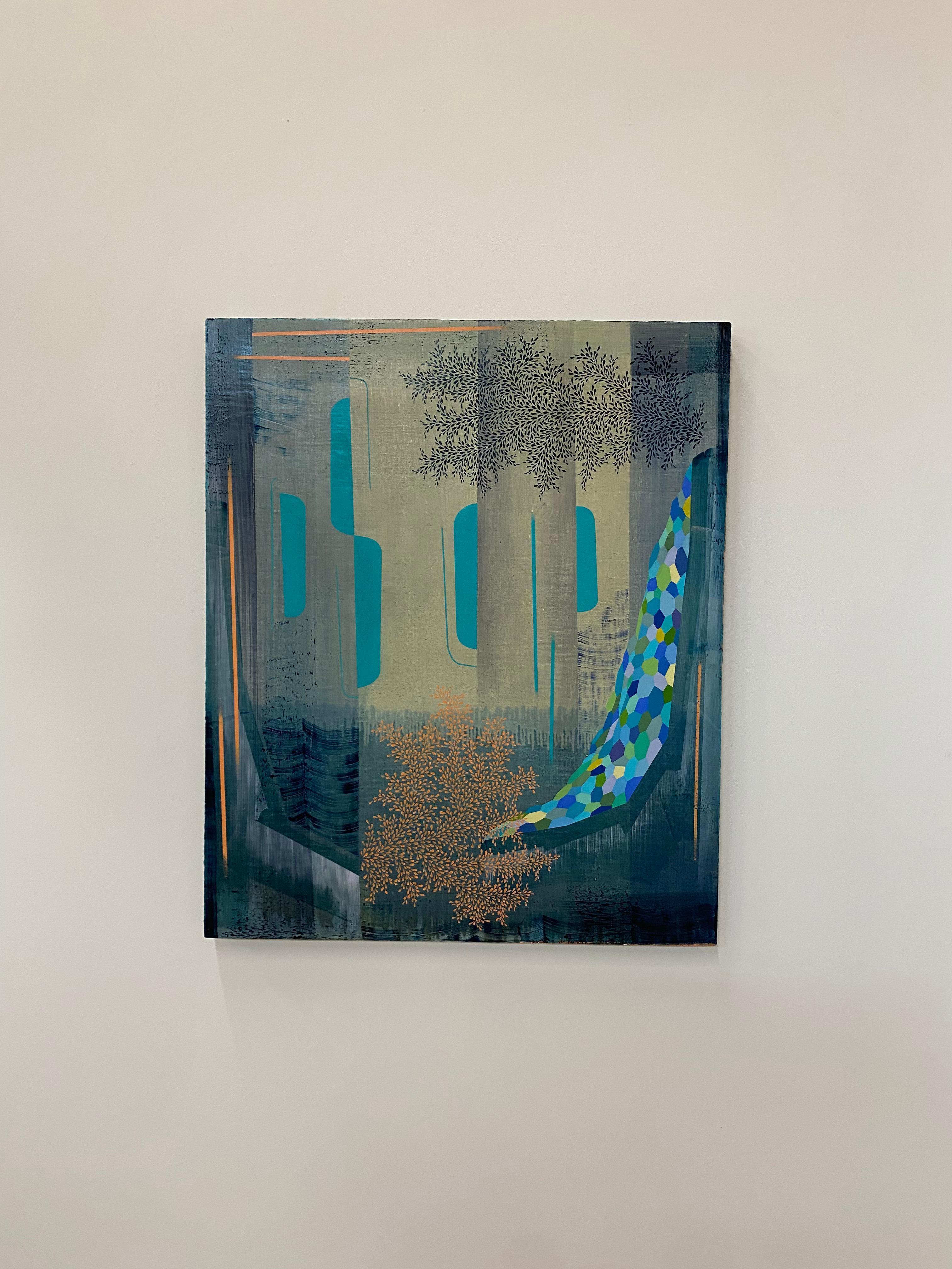 Sister Midnight, Indigo Blue, Teal Green, Peach Abstract Pattern Landscape - Contemporary Painting by Gabe Brown